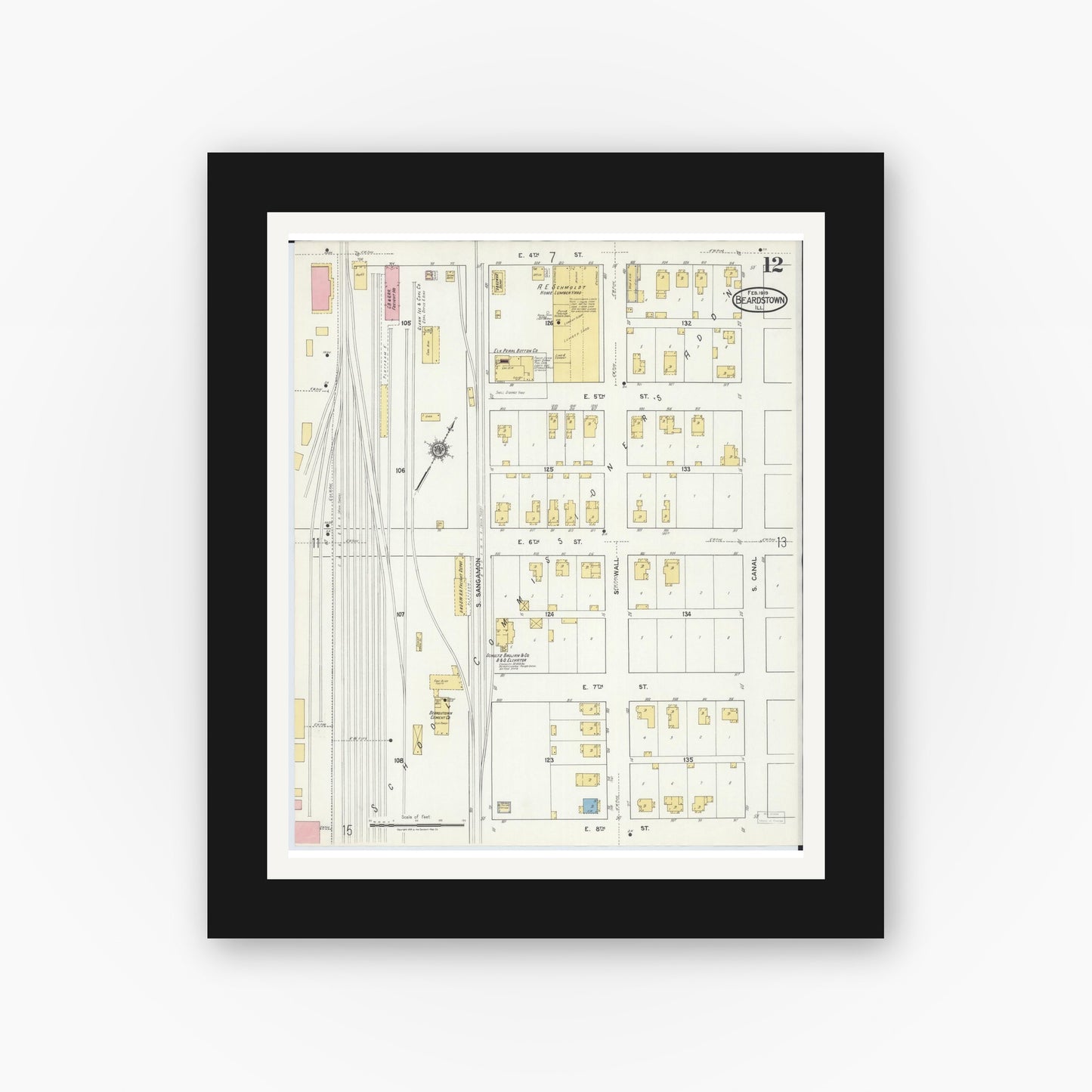 Old map wall art mockup — black gallery frame with white mat — Sanborn Fire Insurance Map from Beardstown, Cass County, Illinois (1919), Sheet #0012