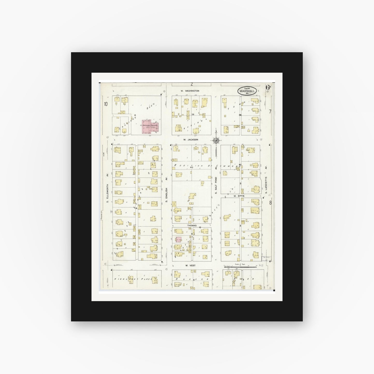 Old map wall art mockup — black gallery frame with white mat — Sanborn Fire Insurance Map from Marshall, Saline County, Missouri (1910), Sheet #0006