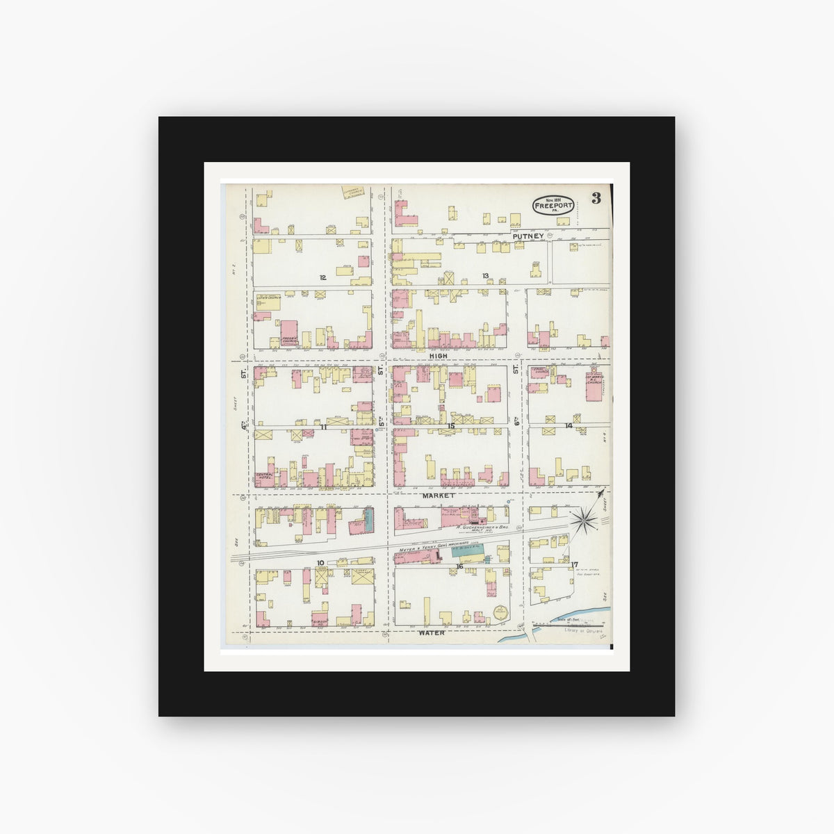Old map wall art mockup — black gallery frame with white mat — Sanborn Fire Insurance Map from Freeport, Armstrong County, Pennsylvania (1891), Sheet #0003
