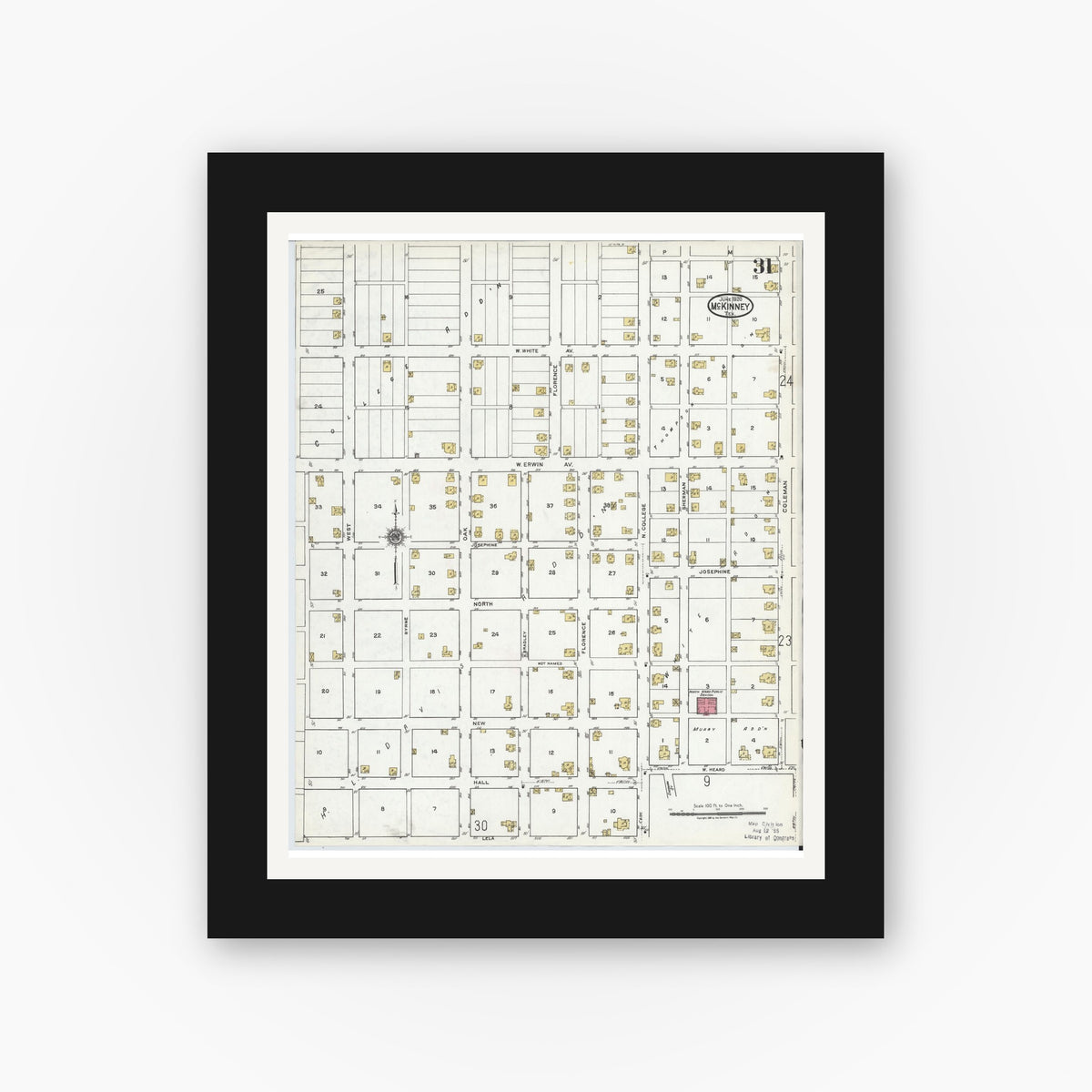 Old map wall art mockup — black gallery frame with white mat — Sanborn Fire Insurance Map from McKinney, Collin County, Texas (1920), Sheet #0031