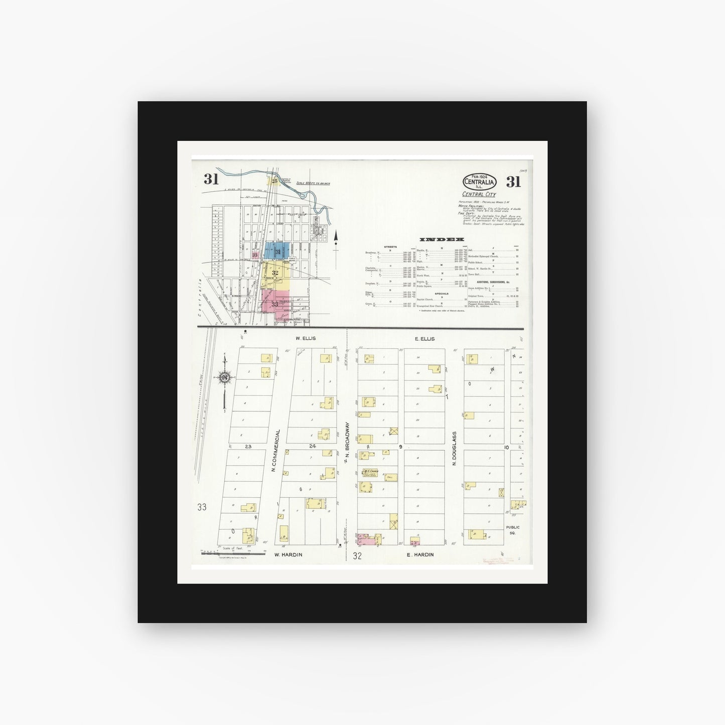 Old map wall art mockup — black gallery frame with white mat — Sanborn Fire Insurance Map from Centralia, Marion, Clinton, Jefferson, and Washington Counties, Illinois (1924), Sheet #0031