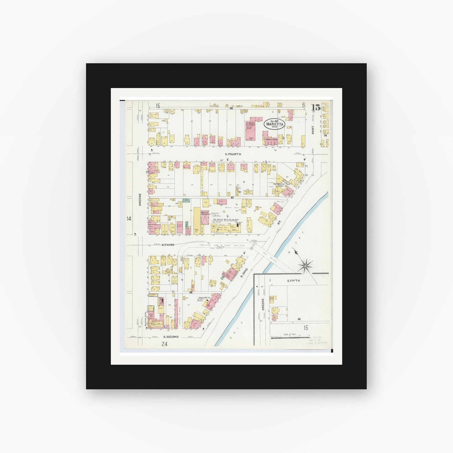 Old map wall art mockup — black gallery frame with white mat — Sanborn Fire Insurance Map from Marietta, Washington County, Ohio (1907), Sheet #0015