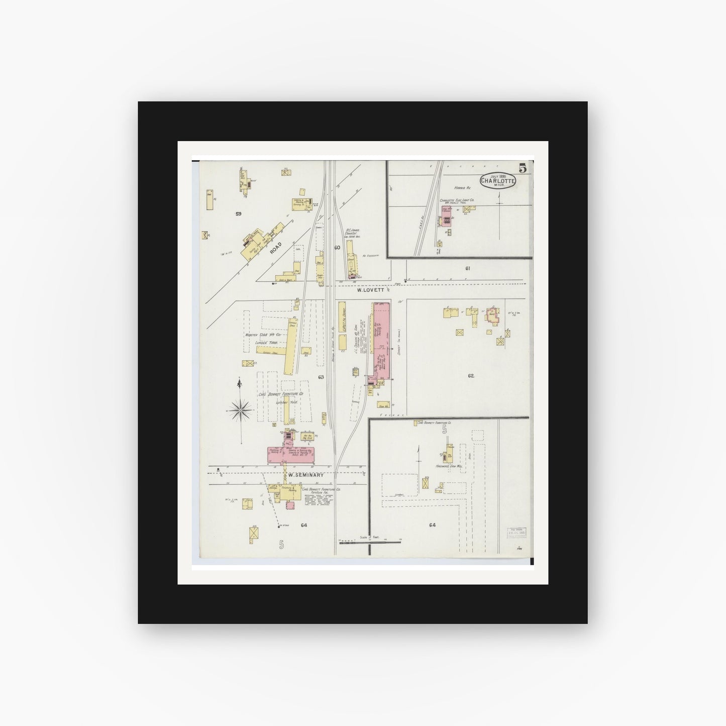 Old map wall art mockup — black gallery frame with white mat — Sanborn Fire Insurance Map from Charlotte, Eaton County, Michigan (1895), Sheet #0005