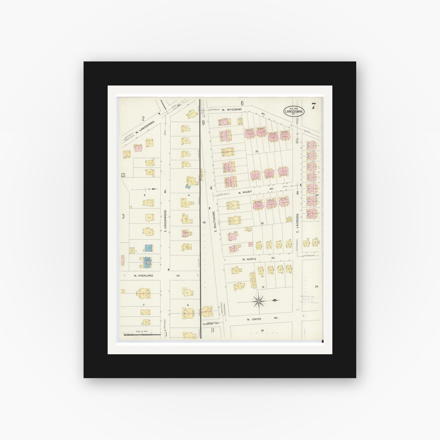 Old map wall art mockup — black gallery frame with white mat — Sanborn Fire Insurance Map from Lansdowne, Delaware County, Pennsylvania (1908), Sheet #0007