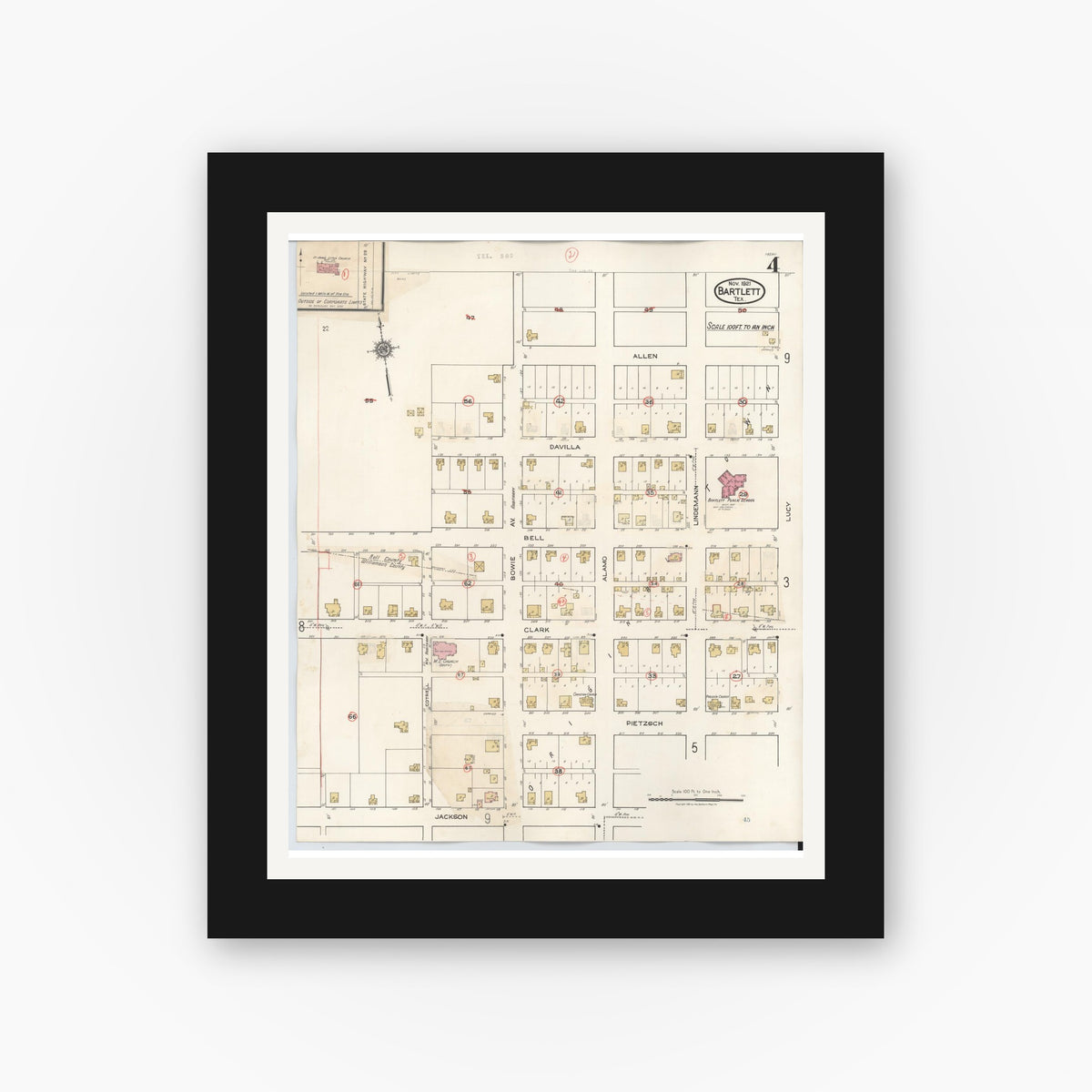 Old map wall art mockup — black gallery frame with white mat — Sanborn Fire Insurance Map from Bartlett, Bell and Williamson Counties, Texas (1940), Sheet #0004
