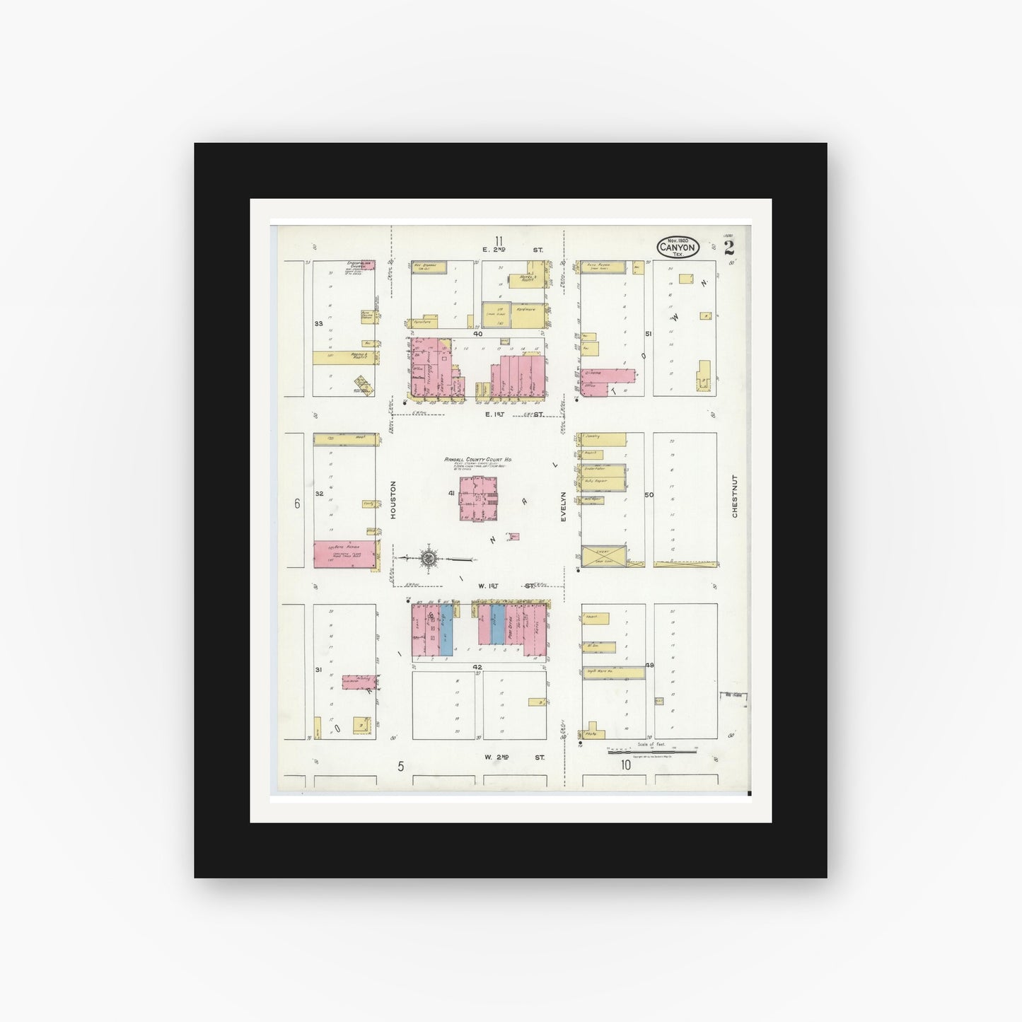Old map wall art mockup — black gallery frame with white mat — Sanborn Fire Insurance Map from Canyon, Randall County, Texas (1920), Sheet #0002
