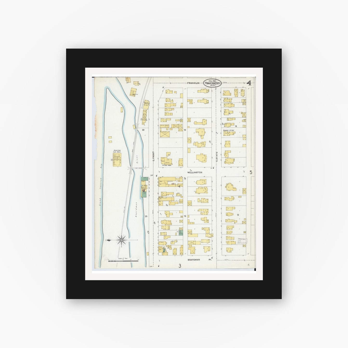 Old map wall art mockup — black gallery frame with white mat — Sanborn Fire Insurance Map from Traverse City, Grand Traverse County, Michigan (1904), Sheet #0004