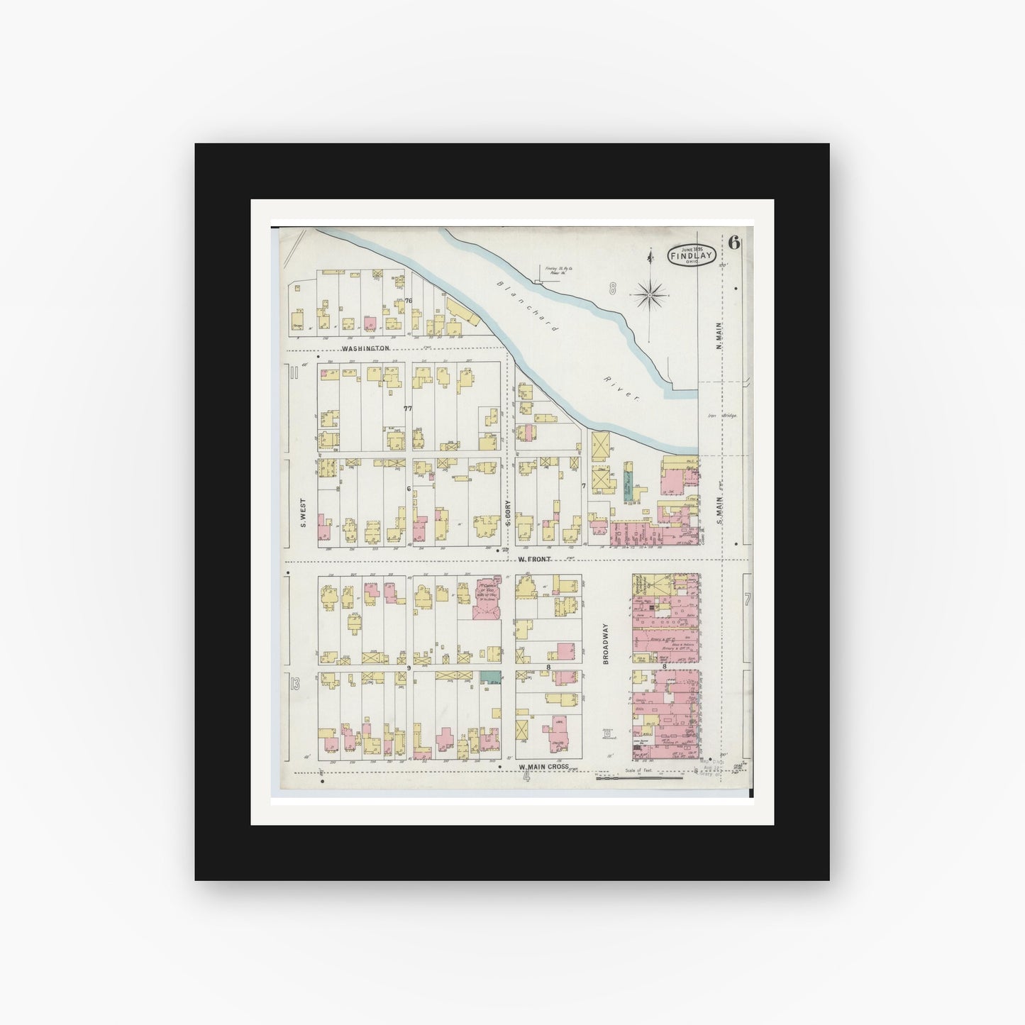Old map wall art mockup — black gallery frame with white mat — Sanborn Fire Insurance Map from Findlay, Hancock County, Ohio (1895), Sheet #0006