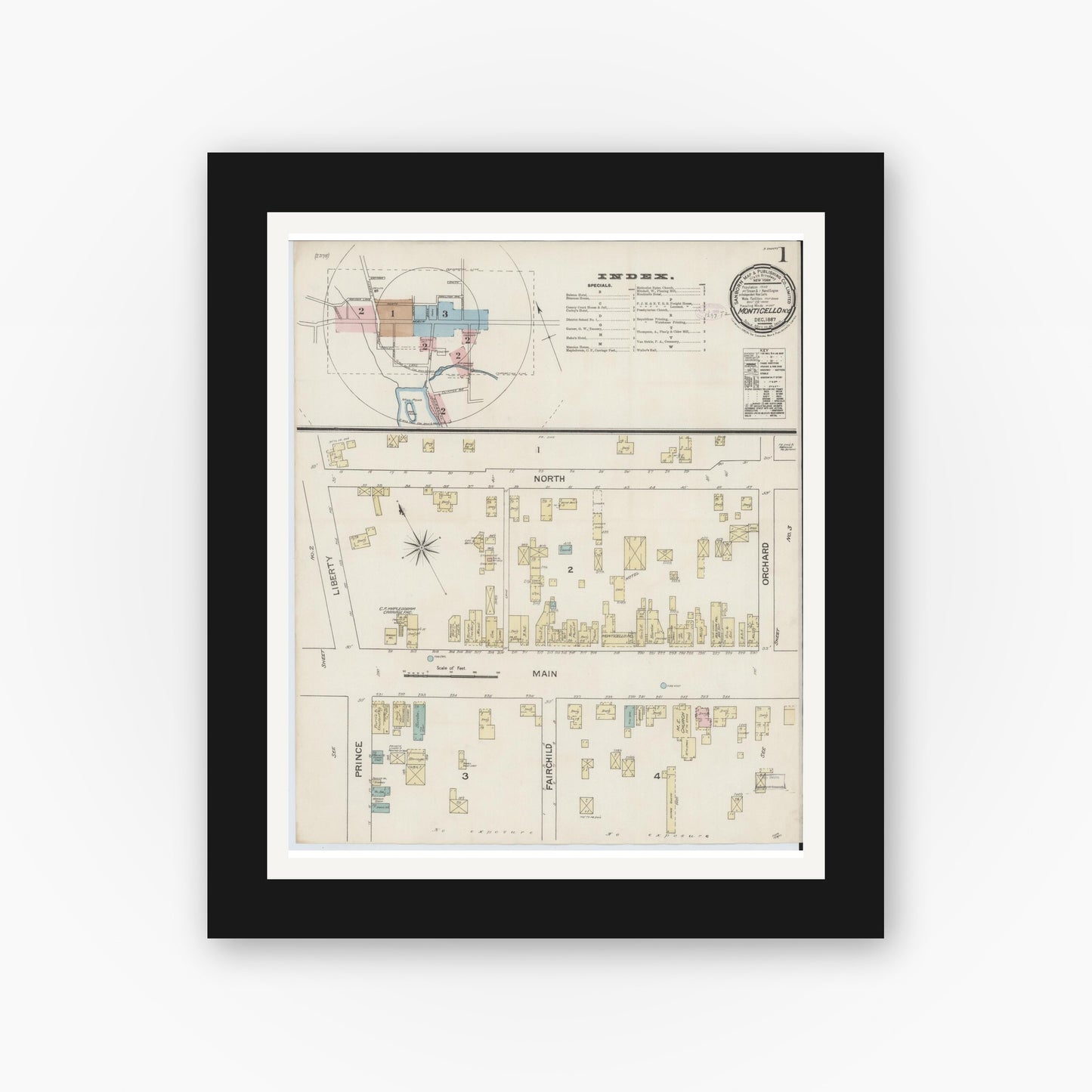 Old map wall art mockup — black gallery frame with white mat — Sanborn Fire Insurance Map from Monticello, Sullivan County, New York (1887) - Complete Map Set