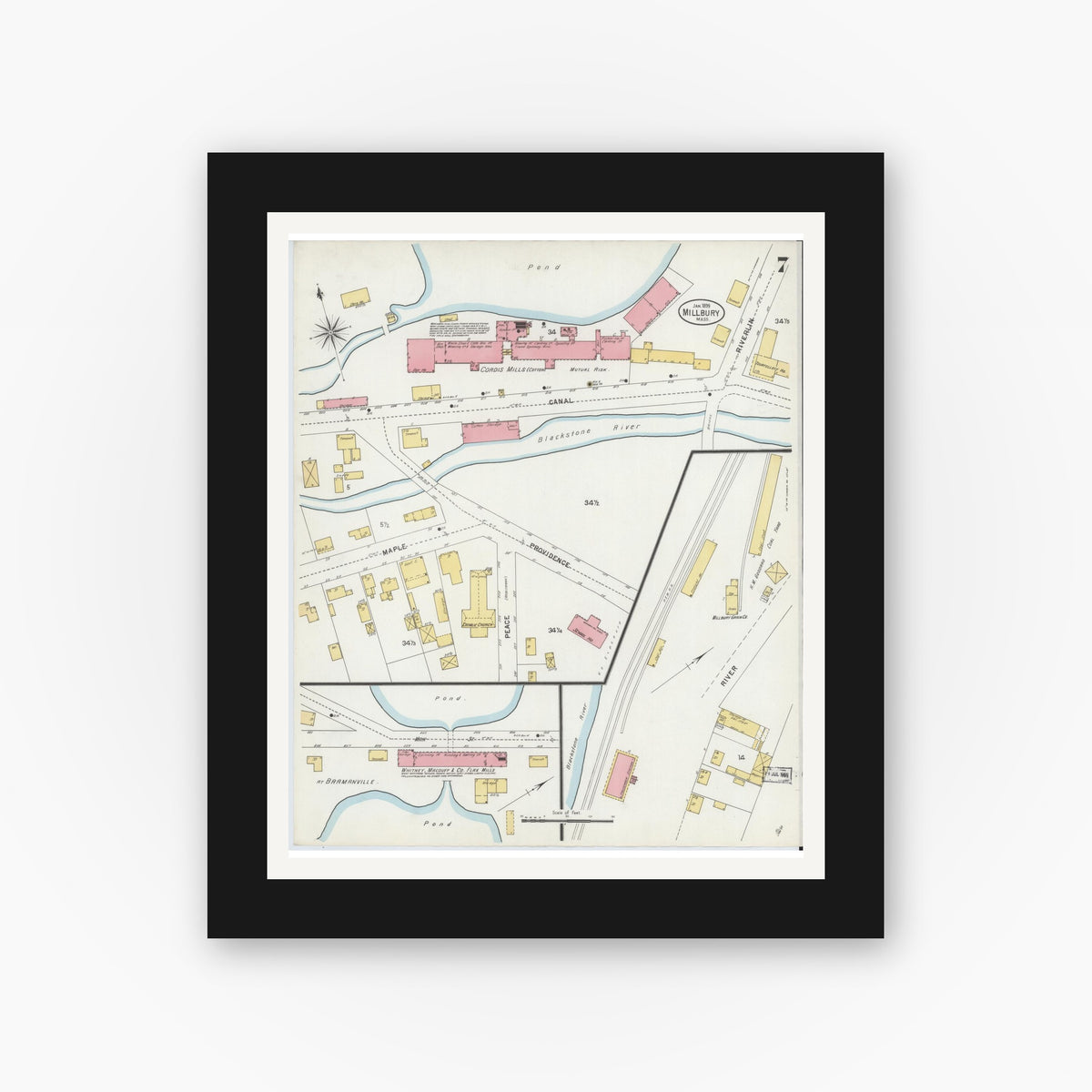 Old map wall art mockup — black gallery frame with white mat — Sanborn Fire Insurance Map from Millbury, Worcester County, Massachusetts (1899), Sheet #0007