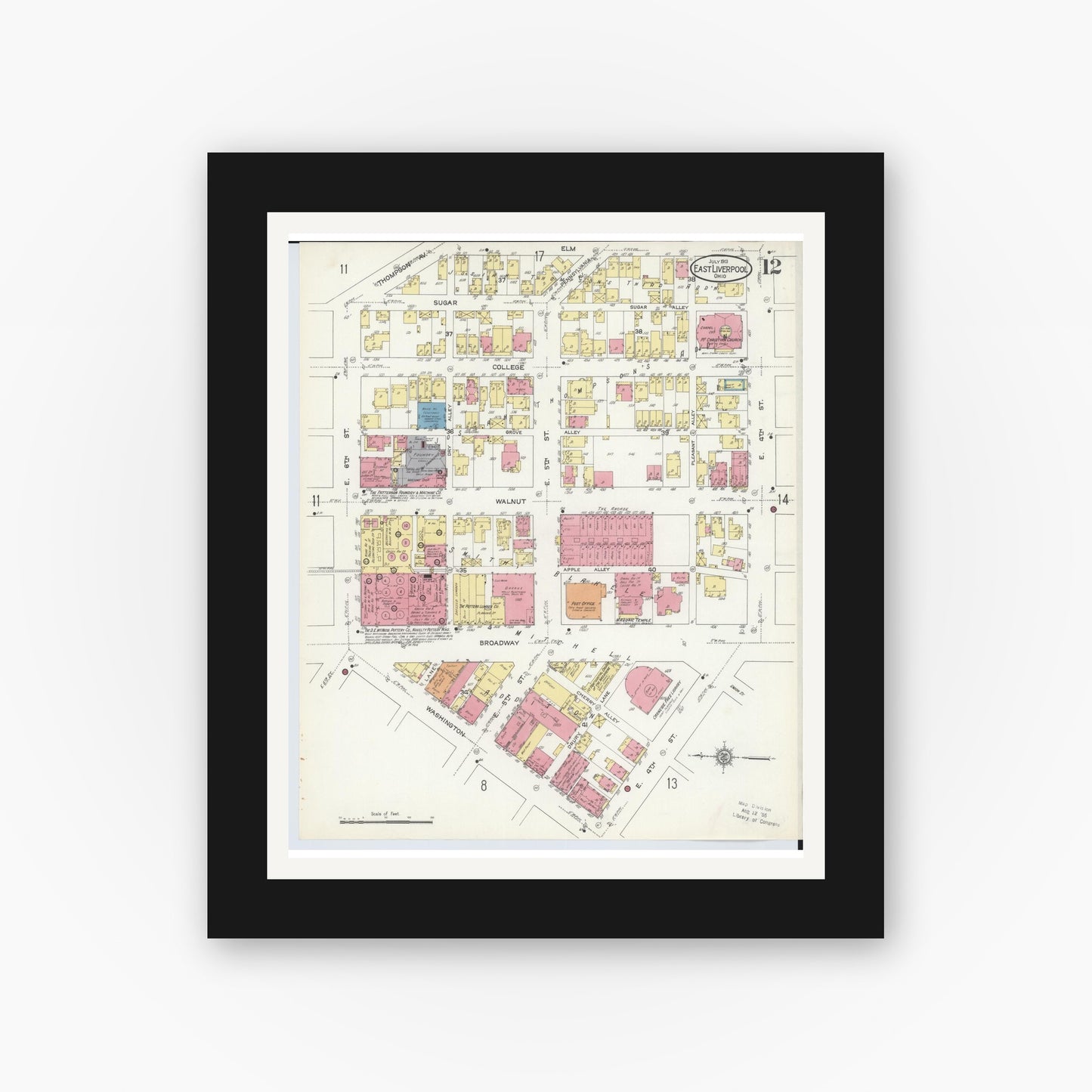 Old map wall art mockup — black gallery frame with white mat — Sanborn Fire Insurance Map from East Liverpool, Columbiana County, Ohio (1913), Sheet #0012