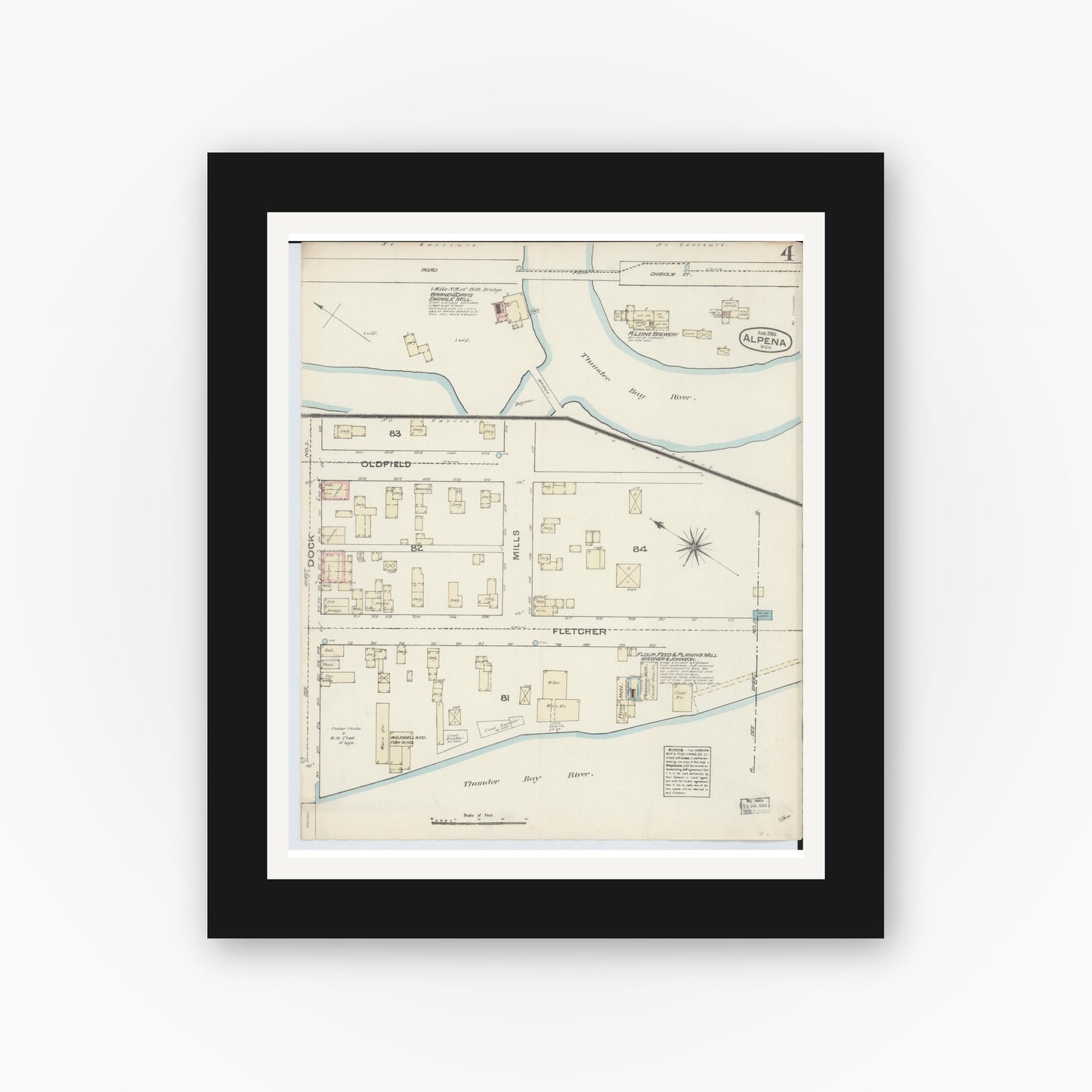 Old map wall art mockup — black gallery frame with white mat — Sanborn Fire Insurance Map from Alpena, Alpena County, Michigan (1884), Sheet #0004