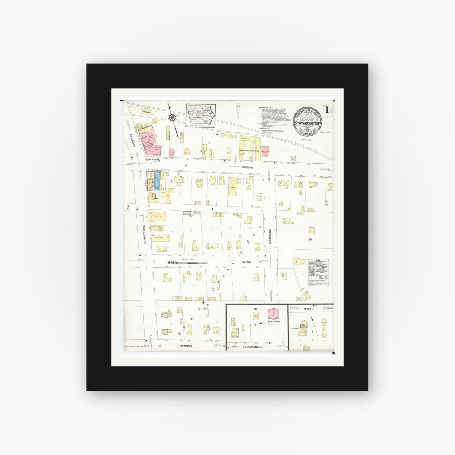 Old map wall art mockup — black gallery frame with white mat — Sanborn Fire Insurance Map from Strawberry Point, Clayton County, Iowa (1913), Sheet #0001