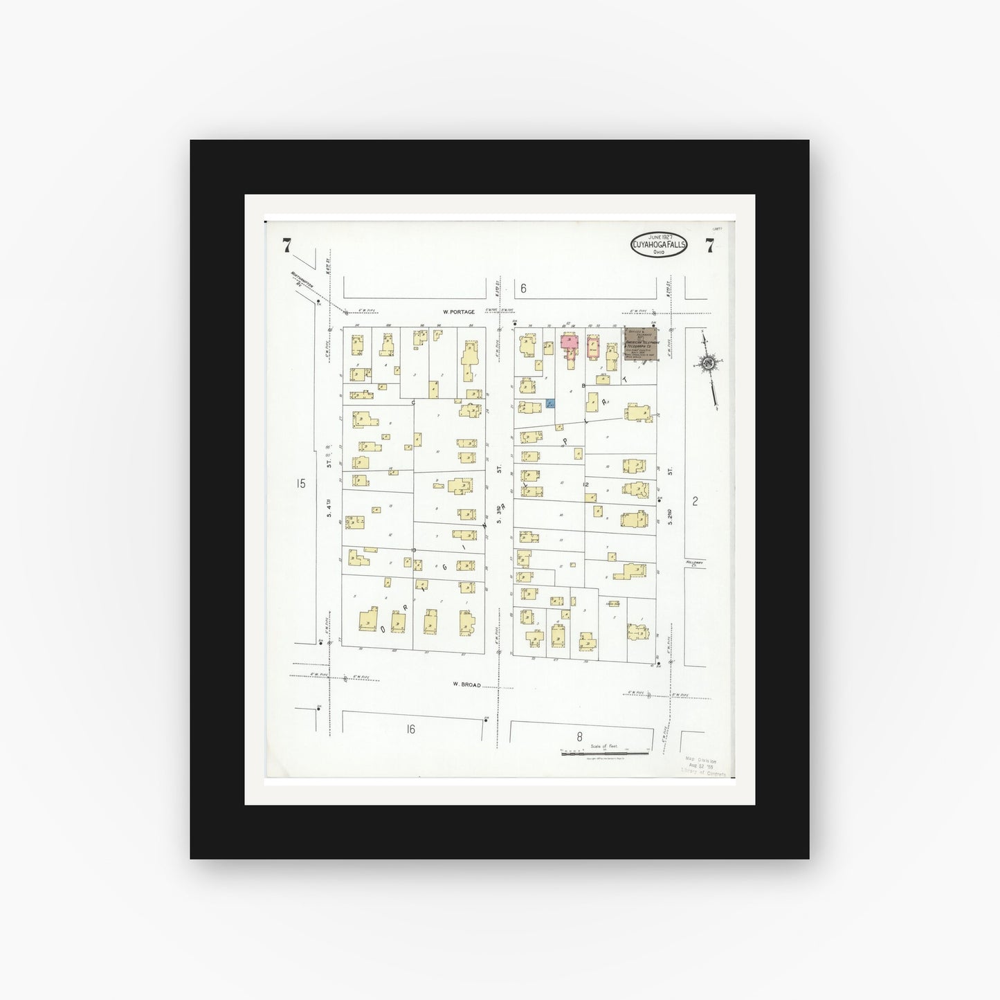 Old map wall art mockup — black gallery frame with white mat — Sanborn Fire Insurance Map from Cuyahoga Falls, Summit County, Ohio (1927), Sheet #0007