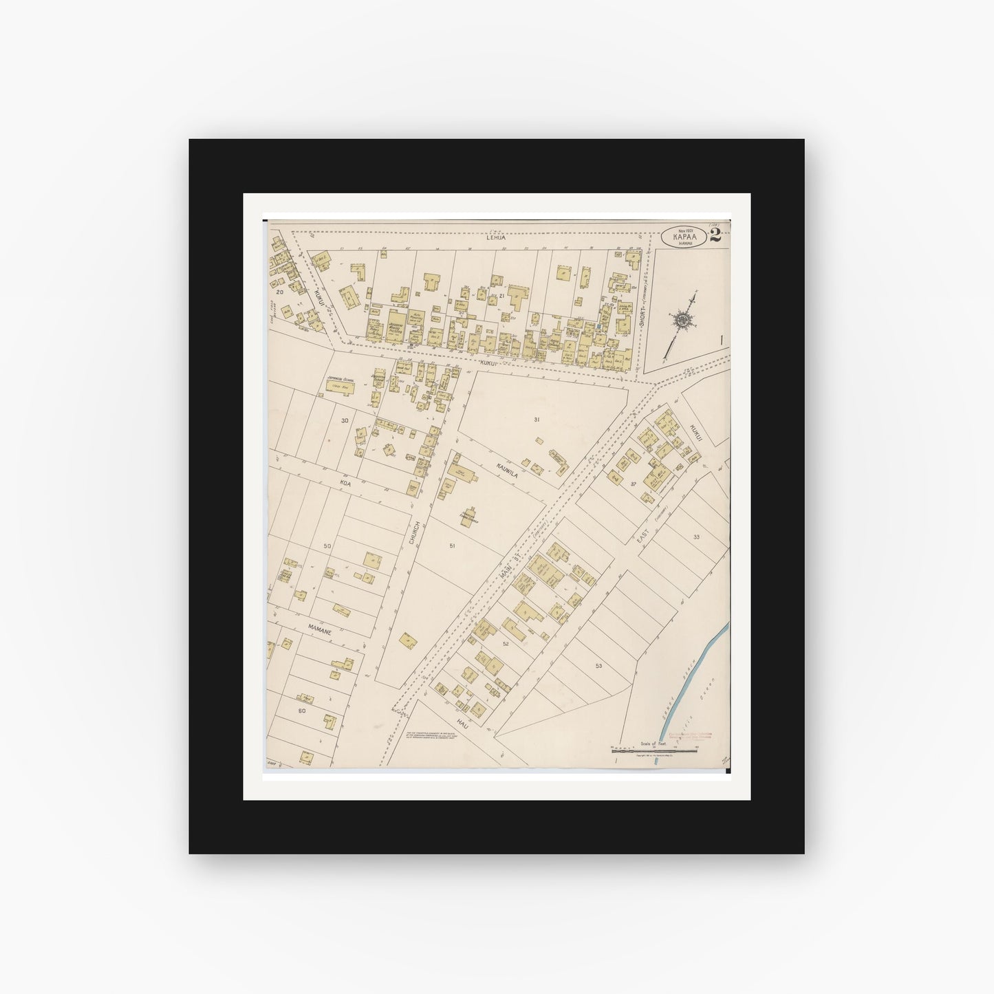 Old map wall art mockup — black gallery frame with white mat — Sanborn Fire Insurance Map from Kapaa, Kauai County, Hawaii (1921), Sheet #0002