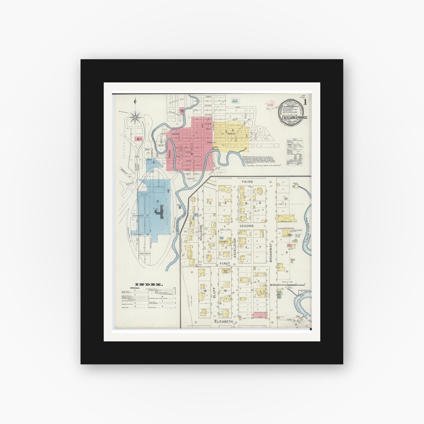 Old map wall art mockup — black gallery frame with white mat — Sanborn Fire Insurance Map from Excelsior Springs, Clay County, Missouri (1894) - Complete Map Set