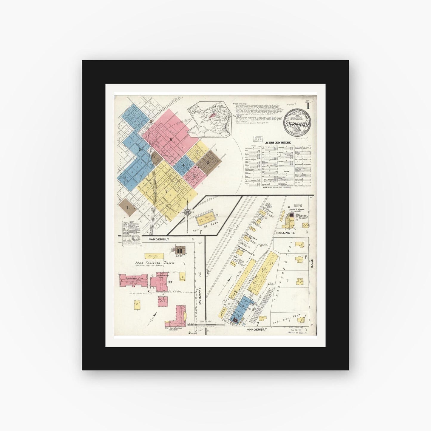 Old map wall art mockup — black gallery frame with white mat — Sanborn Fire Insurance Map from Stephenville, Erath County, Texas (1921), Sheet #0001