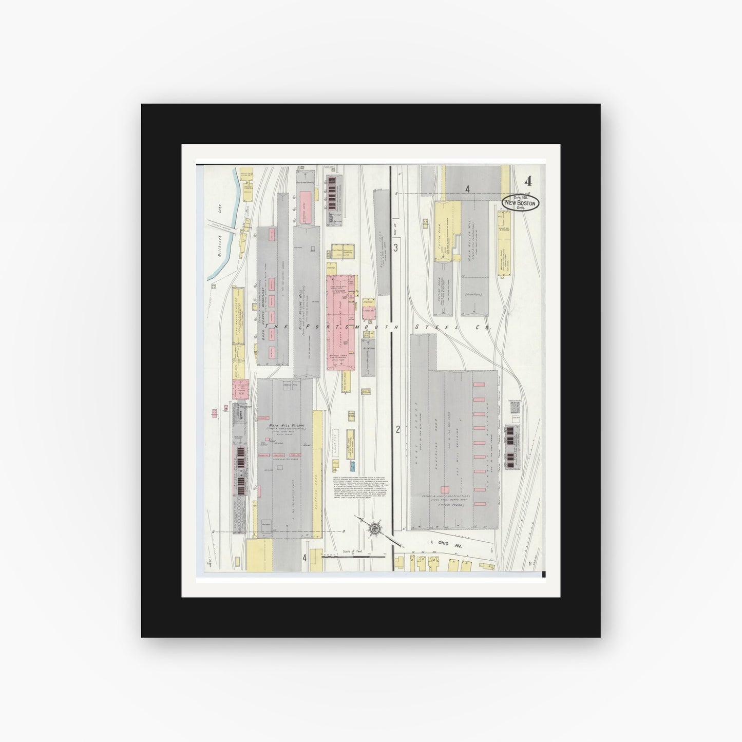 Old map wall art mockup — black gallery frame with white mat — Sanborn Fire Insurance Map from New Boston, Scioto County, Ohio (1911), Sheet #0004