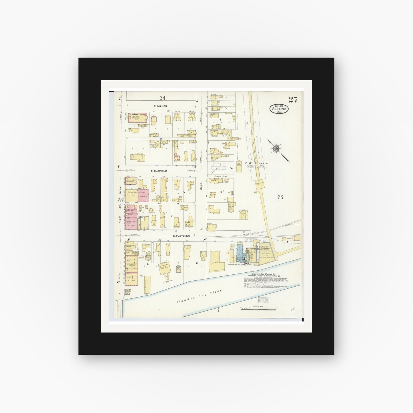 Old map wall art mockup — black gallery frame with white mat — Sanborn Fire Insurance Map from Alpena, Alpena County, Michigan (1910), Sheet #0027