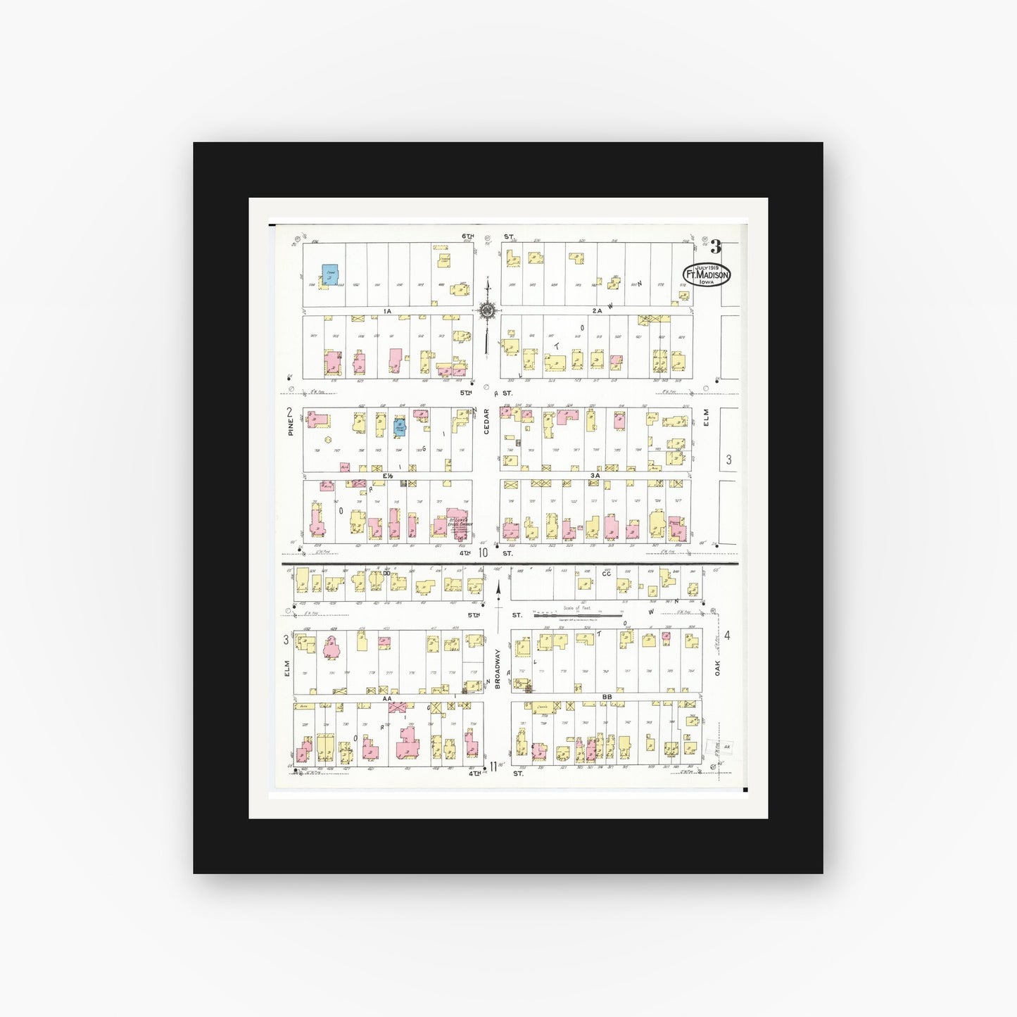 Old map wall art mockup — black gallery frame with white mat — Sanborn Fire Insurance Map from Fort Madison, Lee County, Iowa (1919), Sheet #0003