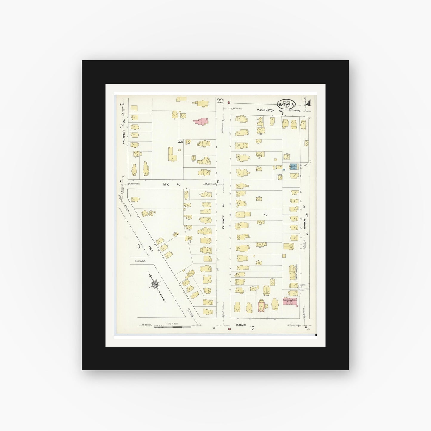 Old map wall art mockup — black gallery frame with white mat — Sanborn Fire Insurance Map from Batavia, Genesee County, New York (1912), Sheet #0004