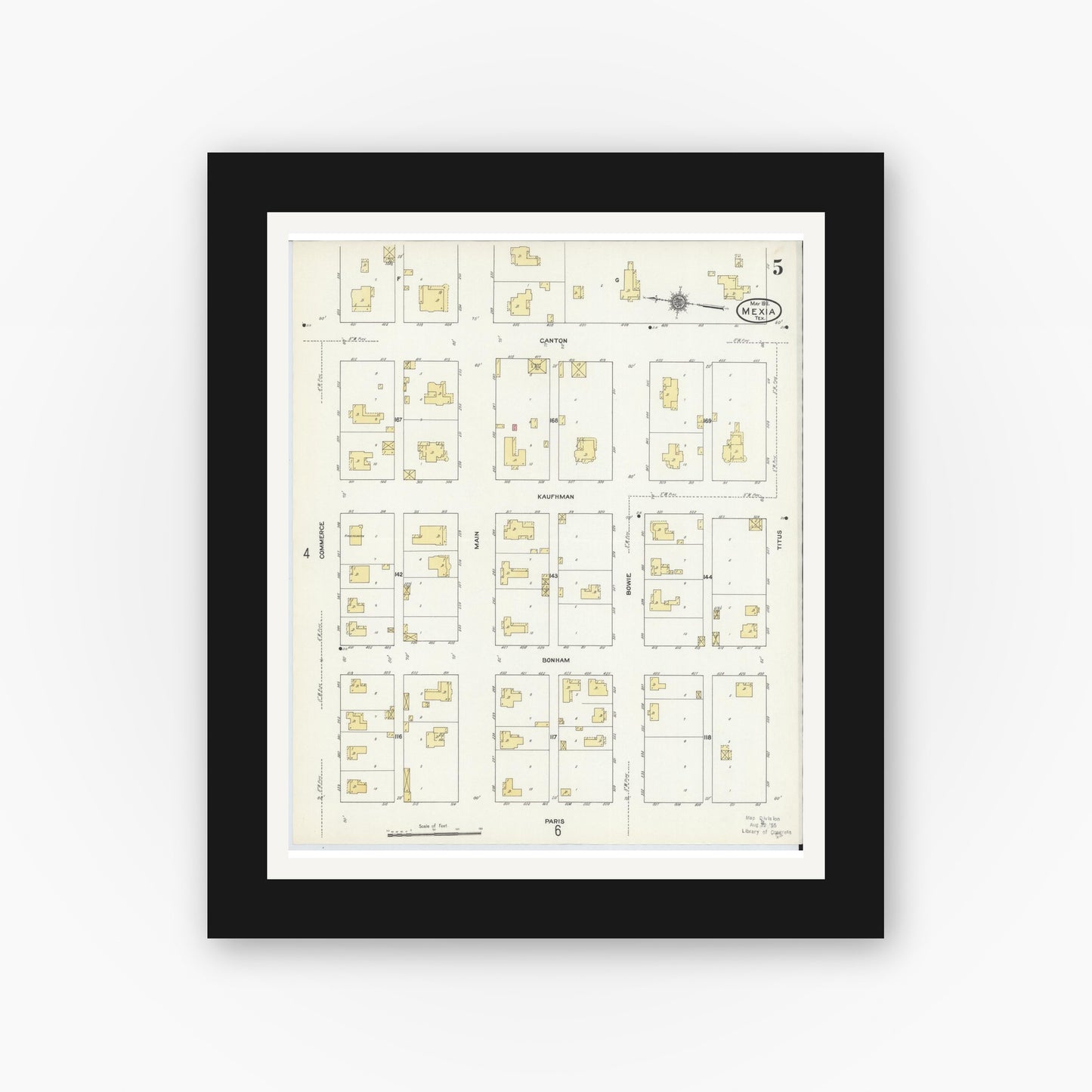 Old map wall art mockup — black gallery frame with white mat — Sanborn Fire Insurance Map from Mexia, Limestone County, Texas (1911), Sheet #0005