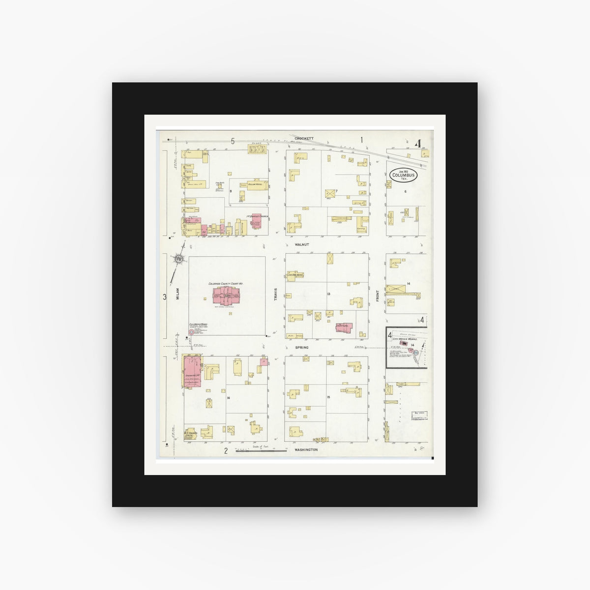 Old map wall art mockup — black gallery frame with white mat — Sanborn Fire Insurance Map from Columbus, Colorado County, Texas (1912), Sheet #0004