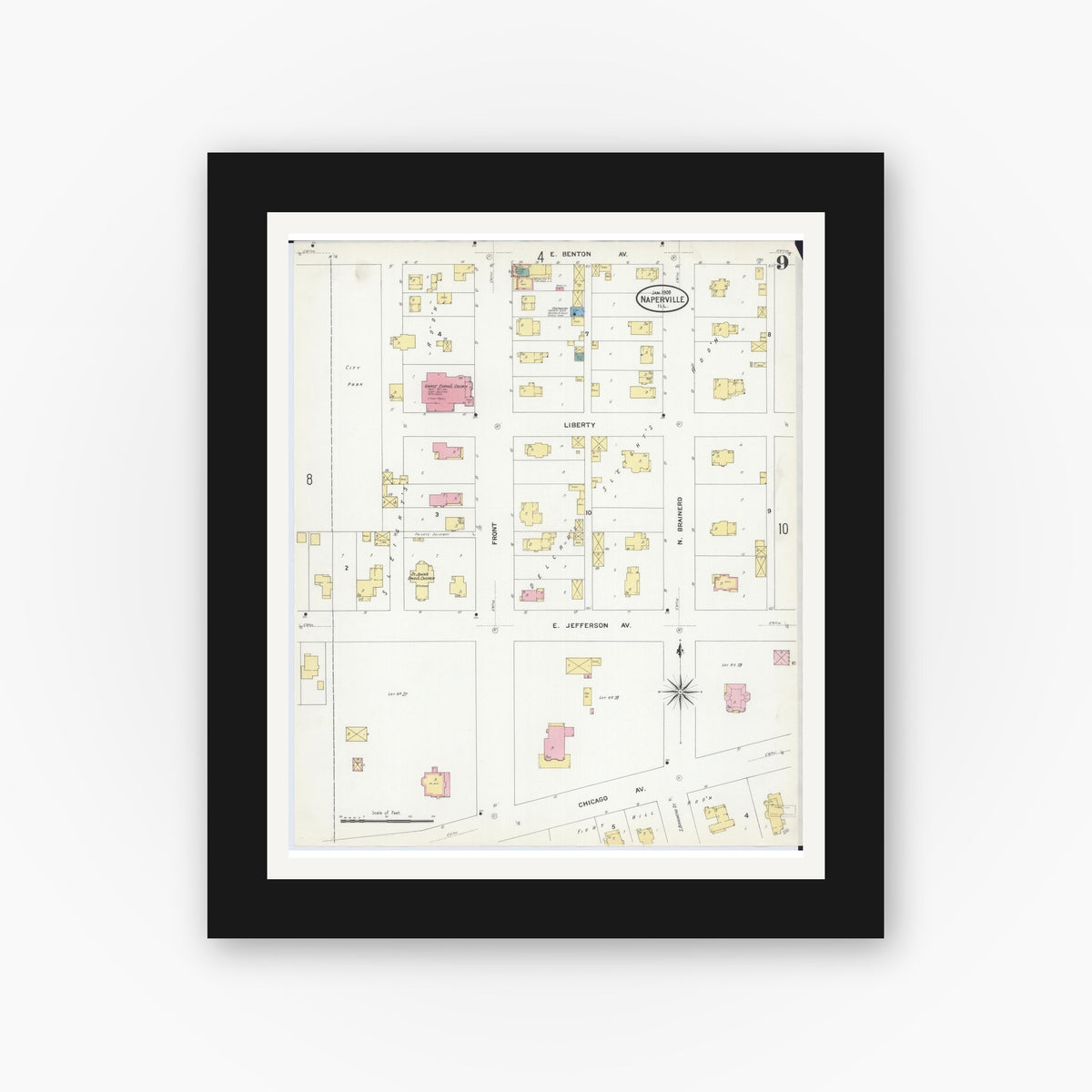 Old map wall art mockup β black gallery frame with white mat β Sanborn Fire Insurance Map from Naperville, Du Page County, Illinois (1909), Sheet #0009