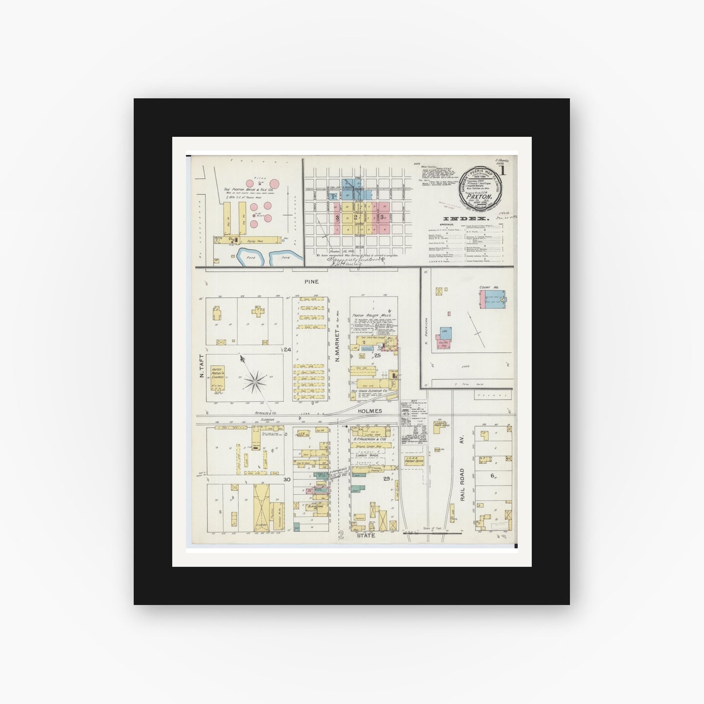 Old map wall art mockup — black gallery frame with white mat — Sanborn Fire Insurance Map from Paxton, Ford County, Illinois (1892) - Complete Map Set