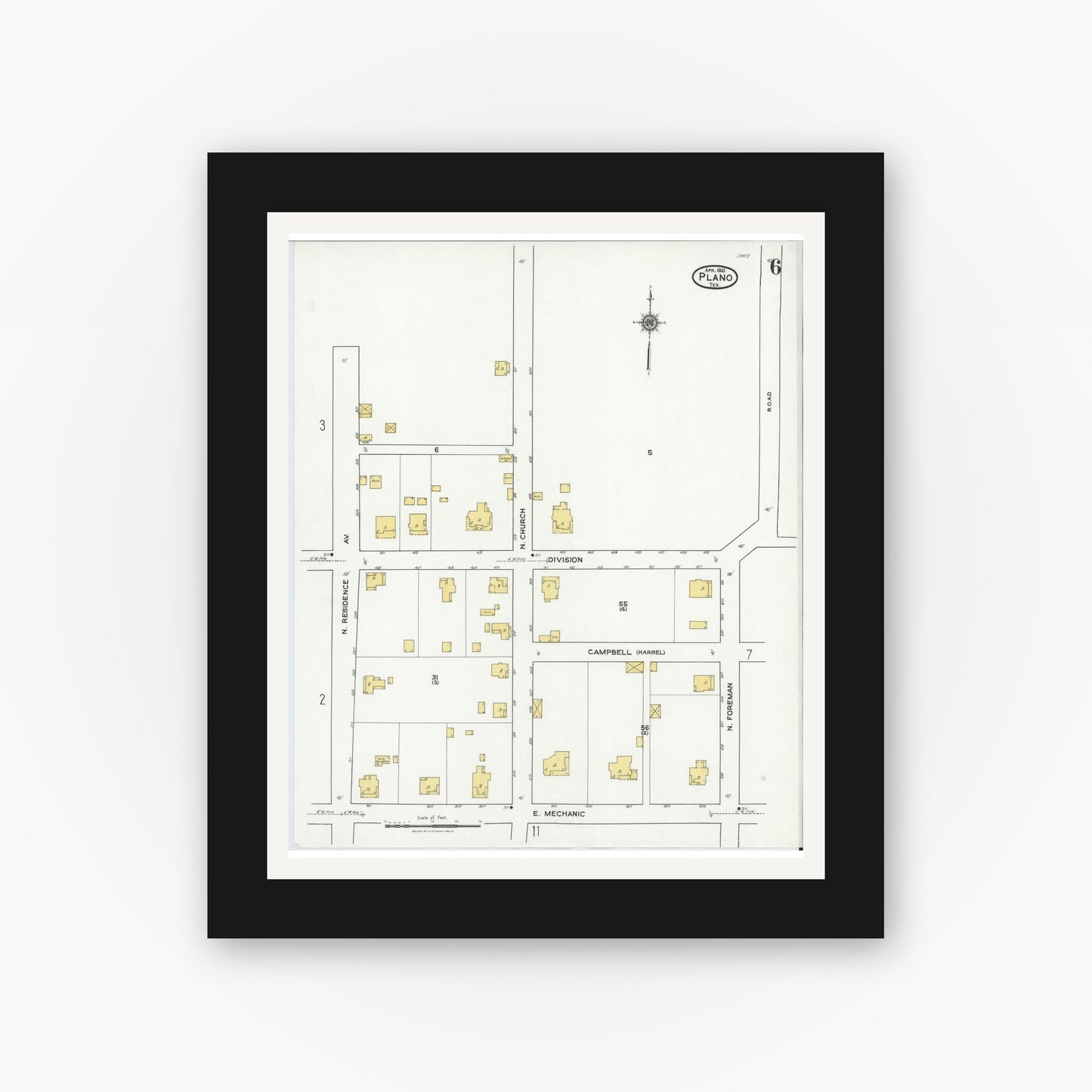 Old map wall art mockup — black gallery frame with white mat — Sanborn Fire Insurance Map from Plano, Collin County, Texas (1921), Sheet #0006