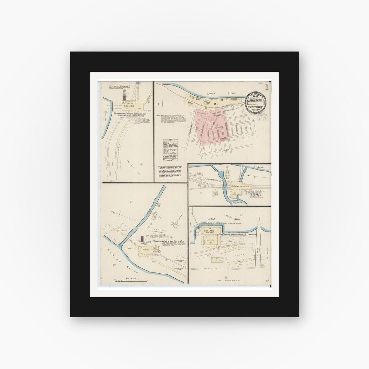 Old map wall art mockup — black gallery frame with white mat — Sanborn Fire Insurance Map from White Haven, Luzerne County, Pennsylvania (1884), Sheet #0001