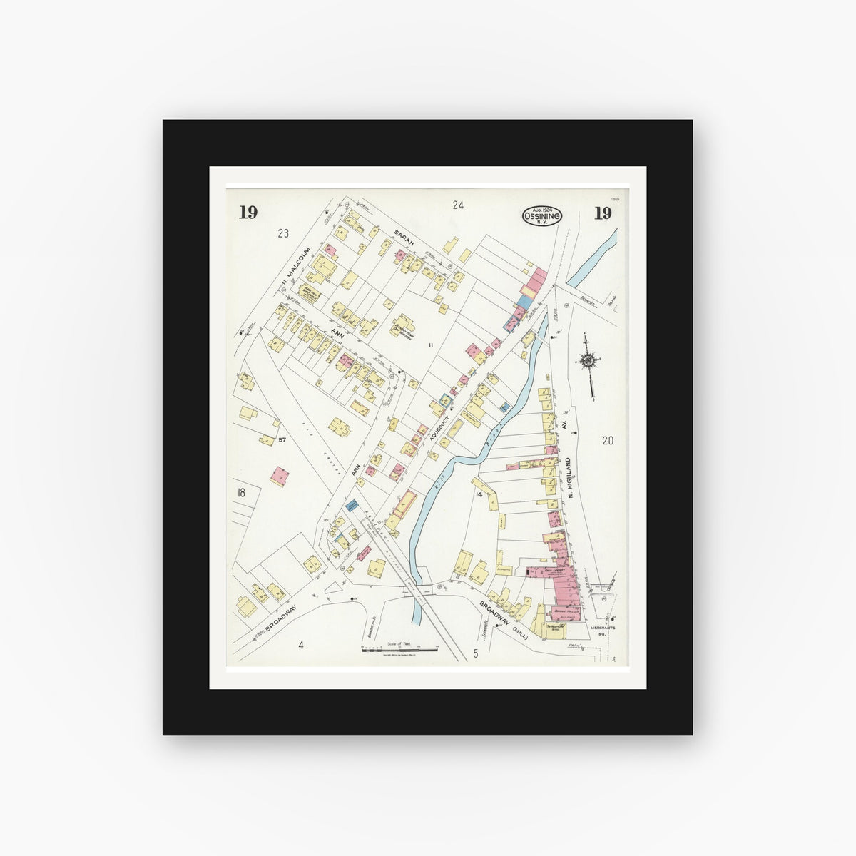 Old map wall art mockup — black gallery frame with white mat — Sanborn Fire Insurance Map from Ossining, Westchester County, New York (1924), Sheet #0019