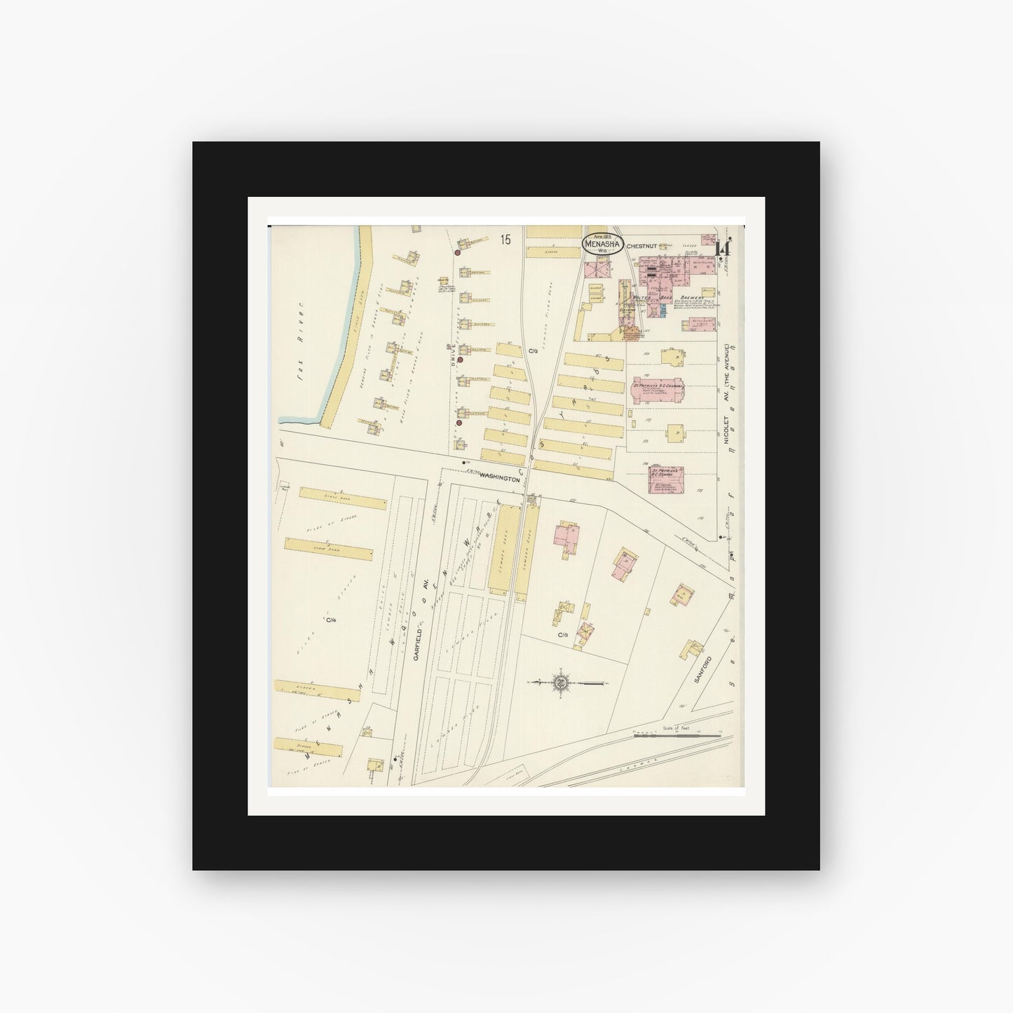 Old map wall art mockup — black gallery frame with white mat — Sanborn Fire Insurance Map from Menasha, Winnebago County, Wisconsin (1913), Sheet #0014