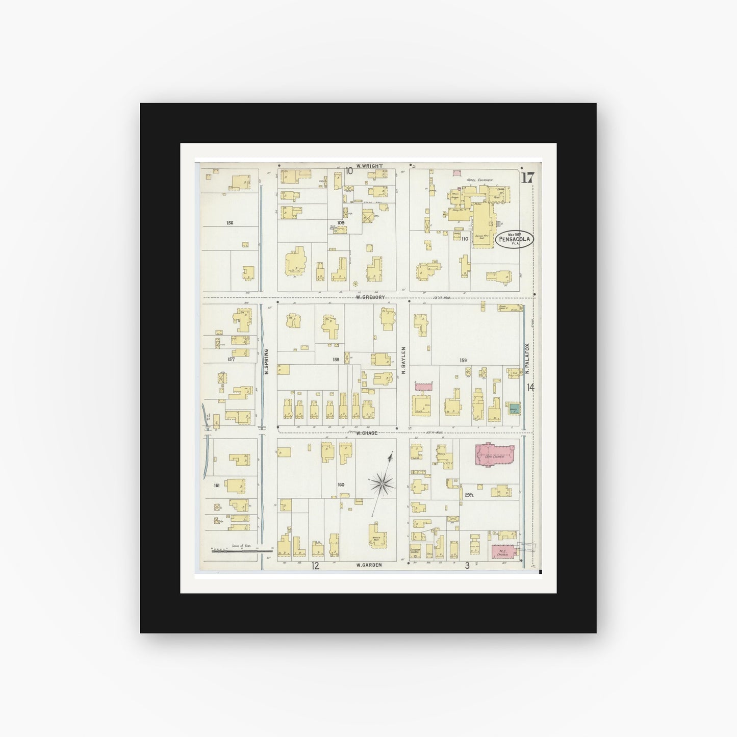 Old map wall art mockup — black gallery frame with white mat — Sanborn Fire Insurance Map from Pensacola, Escambia County, Florida (1897), Sheet #0017