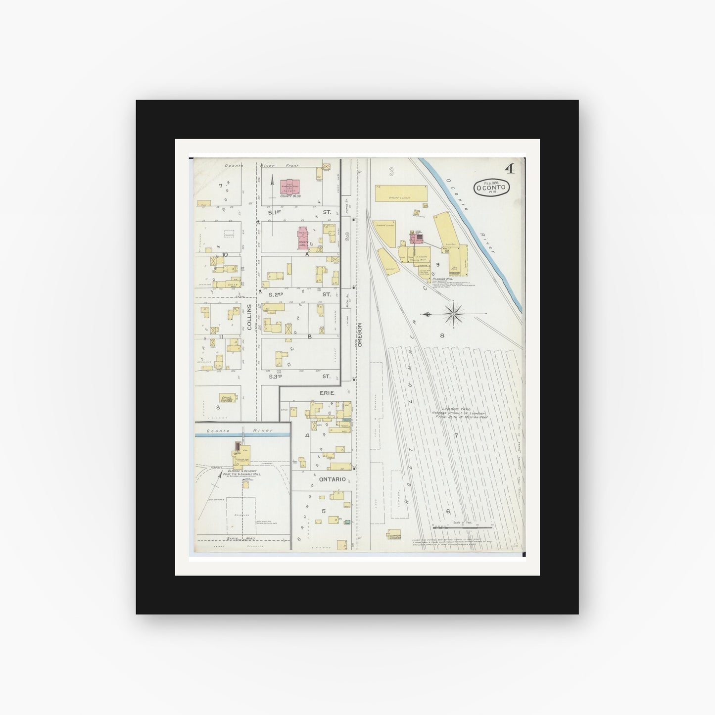 Old map wall art mockup — black gallery frame with white mat — Sanborn Fire Insurance Map from Oconto, Oconto County, Wisconsin (1893), Sheet #0004