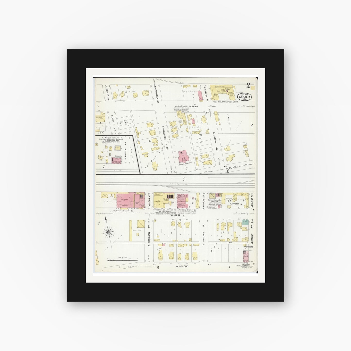Old map wall art mockup — black gallery frame with white mat — Sanborn Fire Insurance Map from Sedalia, Pettis County, Missouri (1908), Sheet #0002