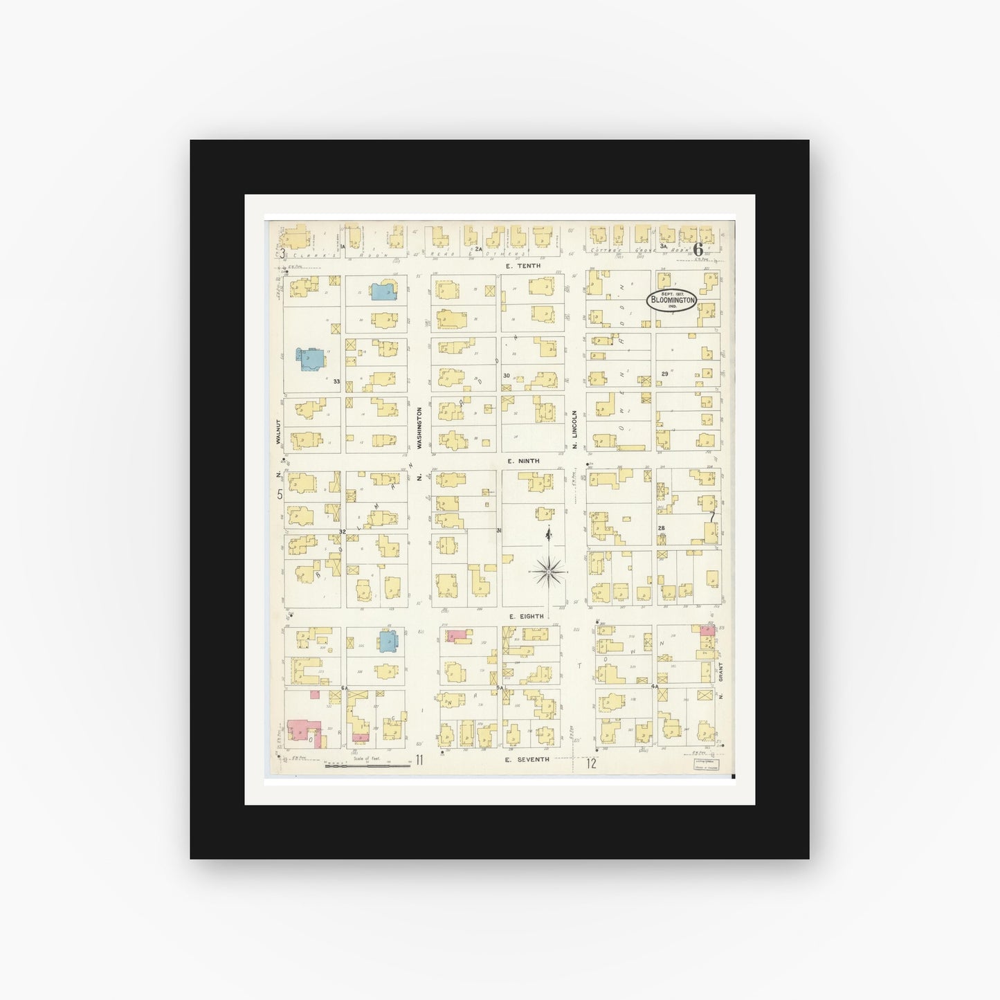 Old map wall art mockup — black gallery frame with white mat — Sanborn Fire Insurance Map from Bloomington, Monroe County, Indiana (1907), Sheet #0006