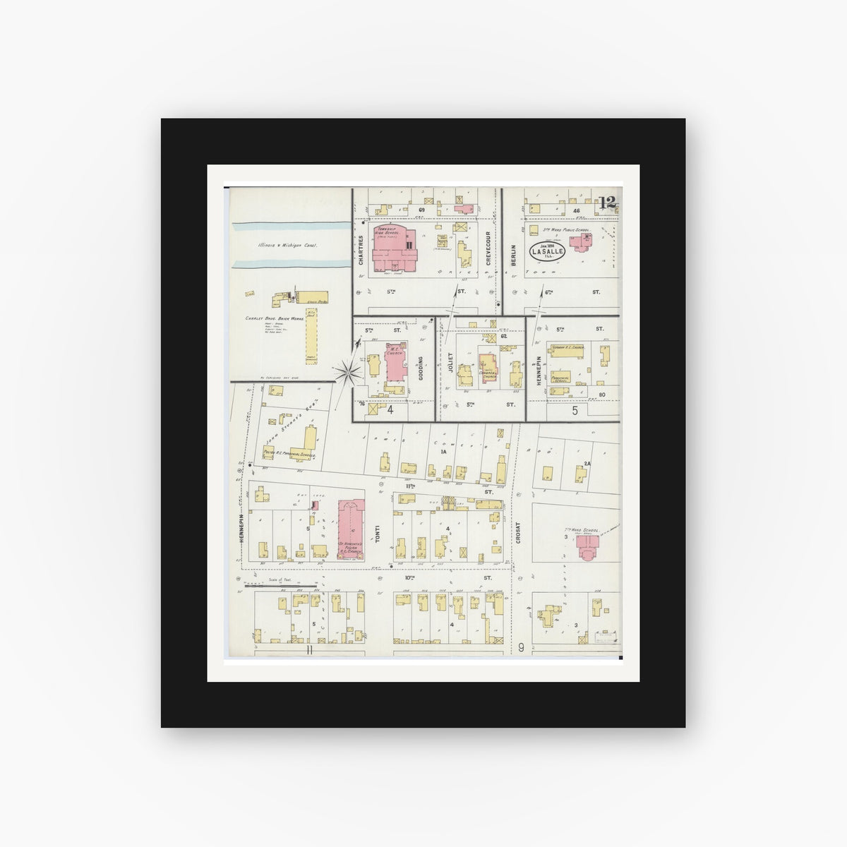 Old map wall art mockup — black gallery frame with white mat — Sanborn Fire Insurance Map from La Salle, La Salle County, Illinois (1898), Sheet #0012