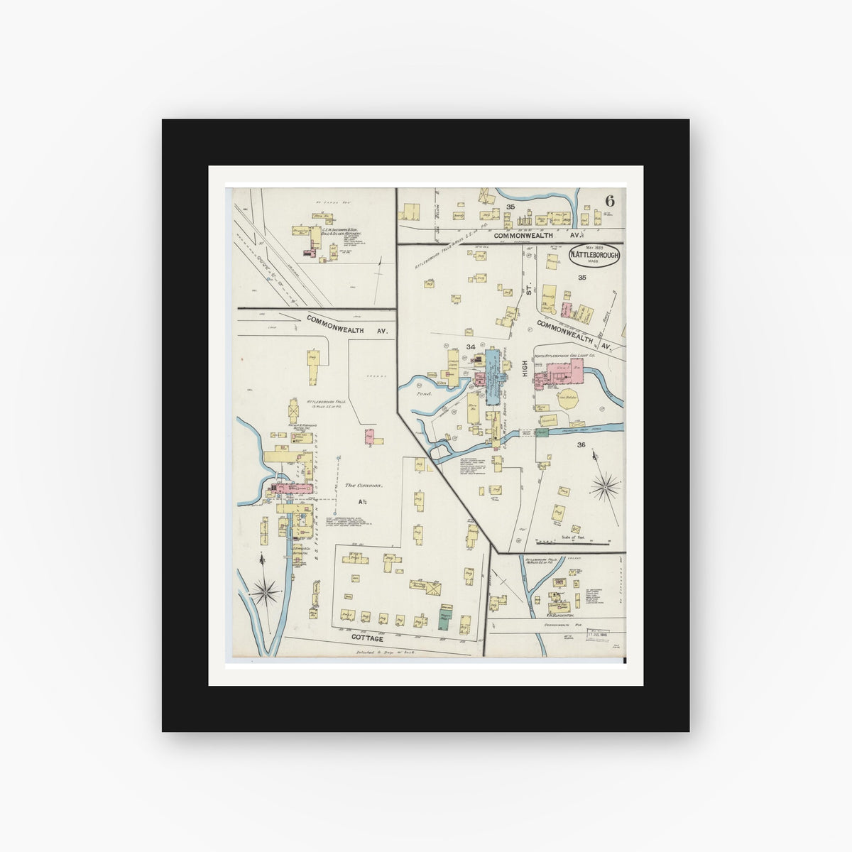 Old map wall art mockup — black gallery frame with white mat — Sanborn Fire Insurance Map from North Attleborough, Bristol County, Massachusetts (1889), Sheet #0006