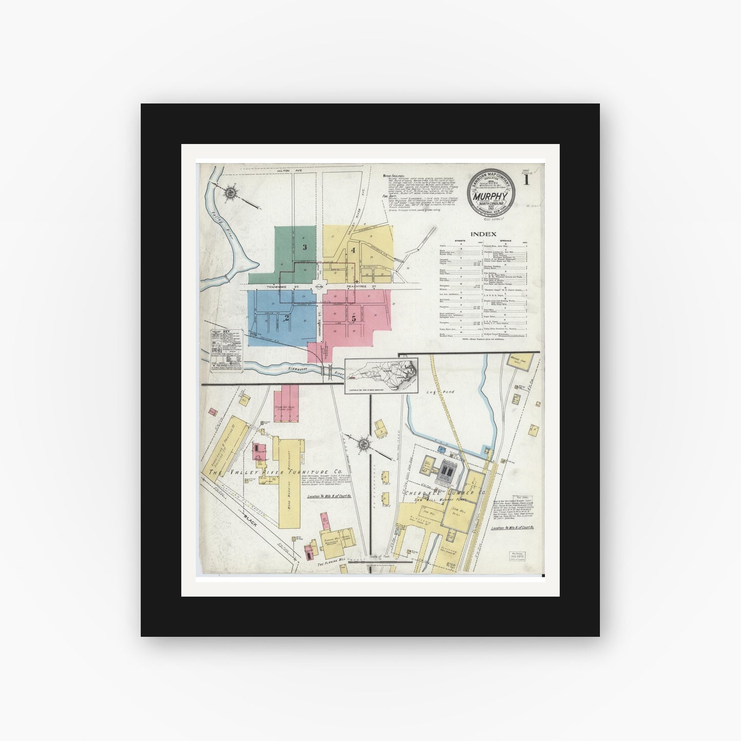 Old map wall art mockup — black gallery frame with white mat — Sanborn Fire Insurance Map from Murphy, Cherokee County, North Carolina (1921), Sheet #0001