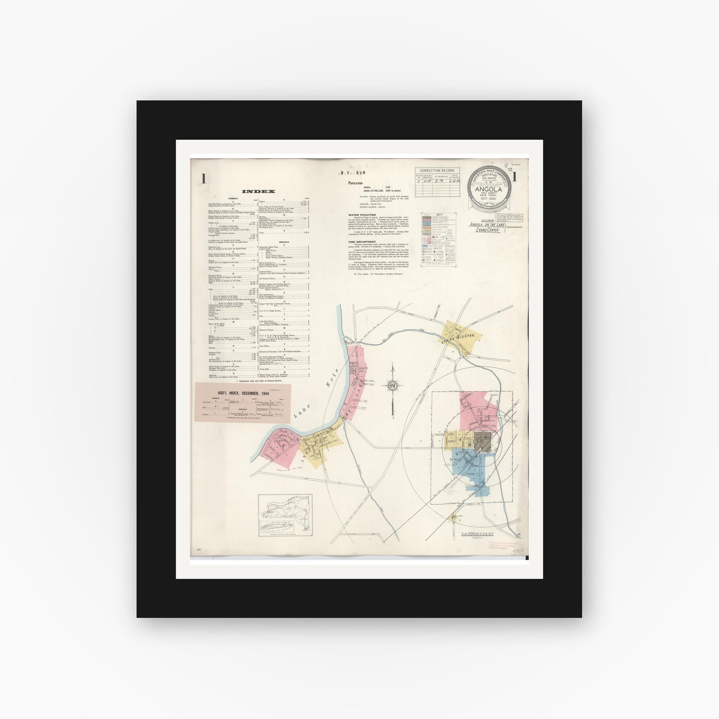 Old map wall art mockup — black gallery frame with white mat — Sanborn Fire Insurance Map from Angola, Erie County, New York (1944) - Complete Map Set