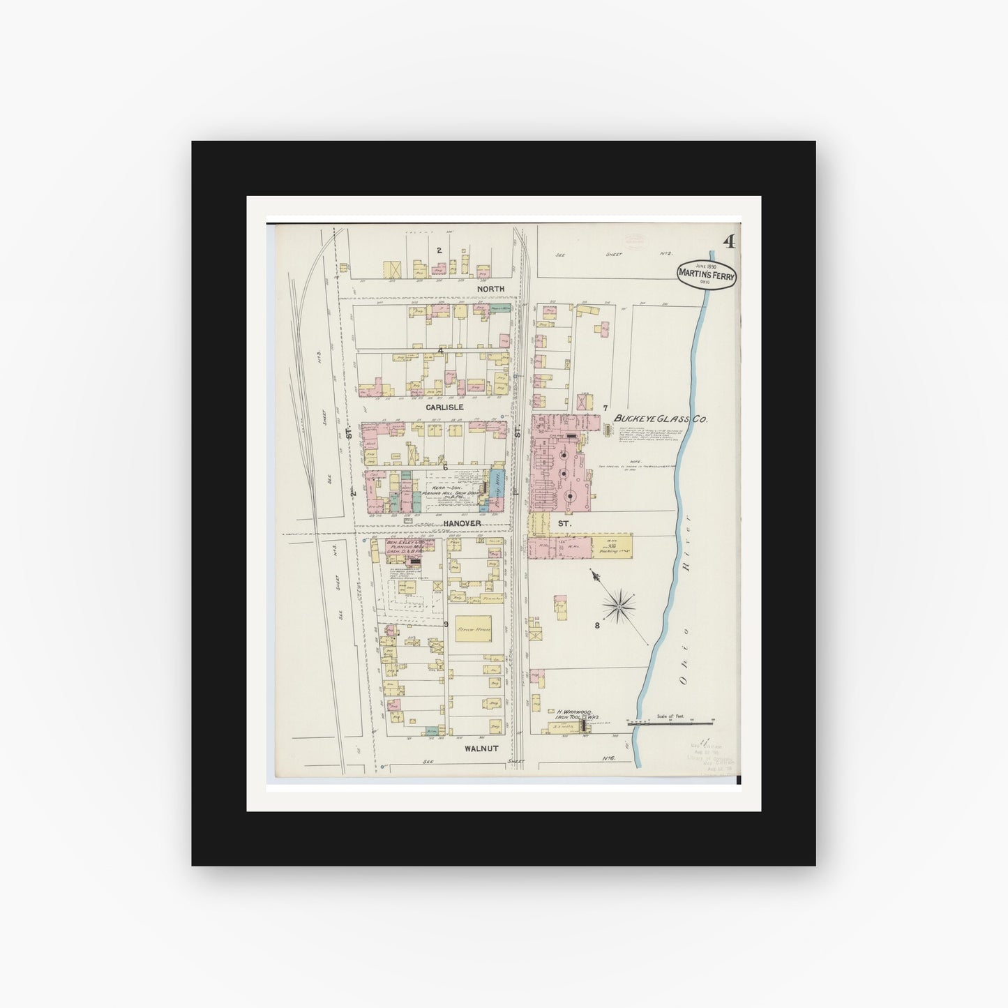 Old map wall art mockup — black gallery frame with white mat — Sanborn Fire Insurance Map from Martins Ferry, Belmont County, Ohio (1890), Sheet #0004