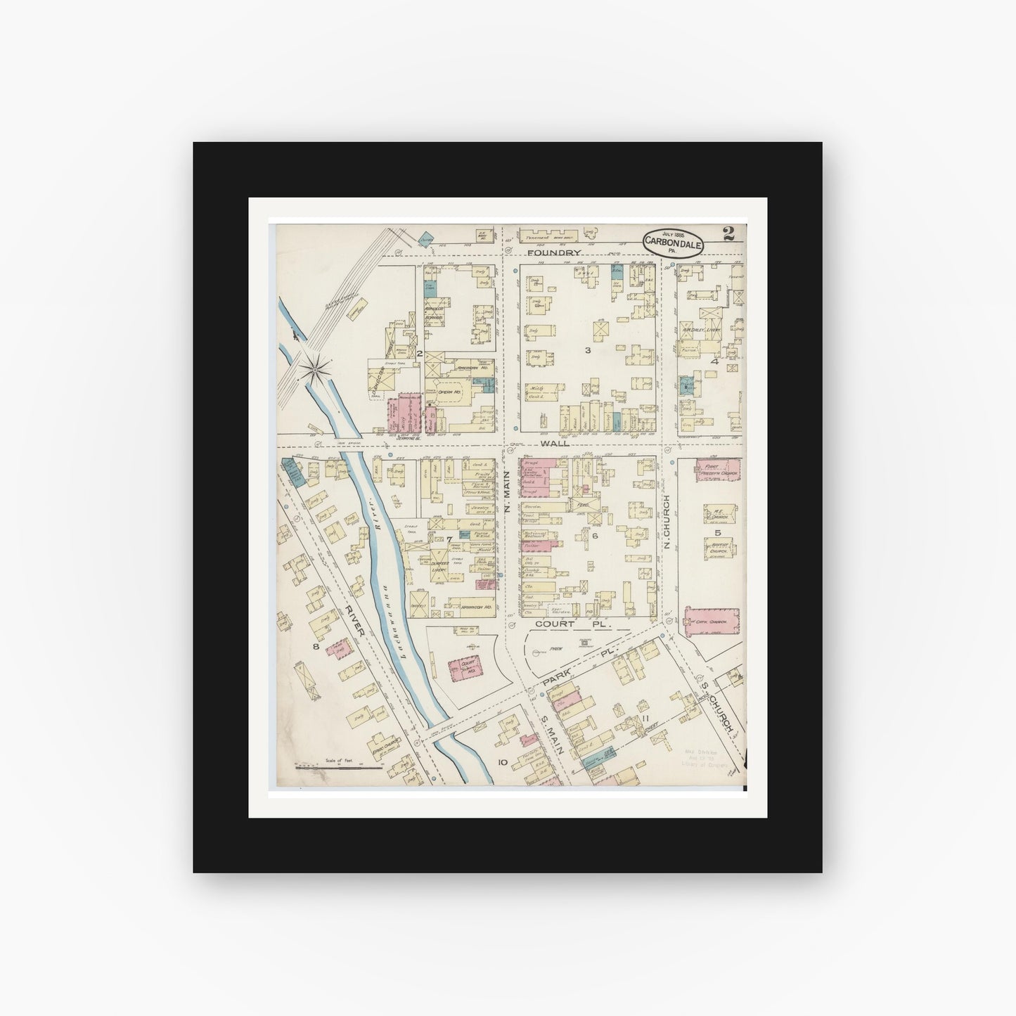 Old map wall art mockup — black gallery frame with white mat — Sanborn Fire Insurance Map from Carbondale, Lackawanna County, Pennsylvania (1885), Sheet #0002