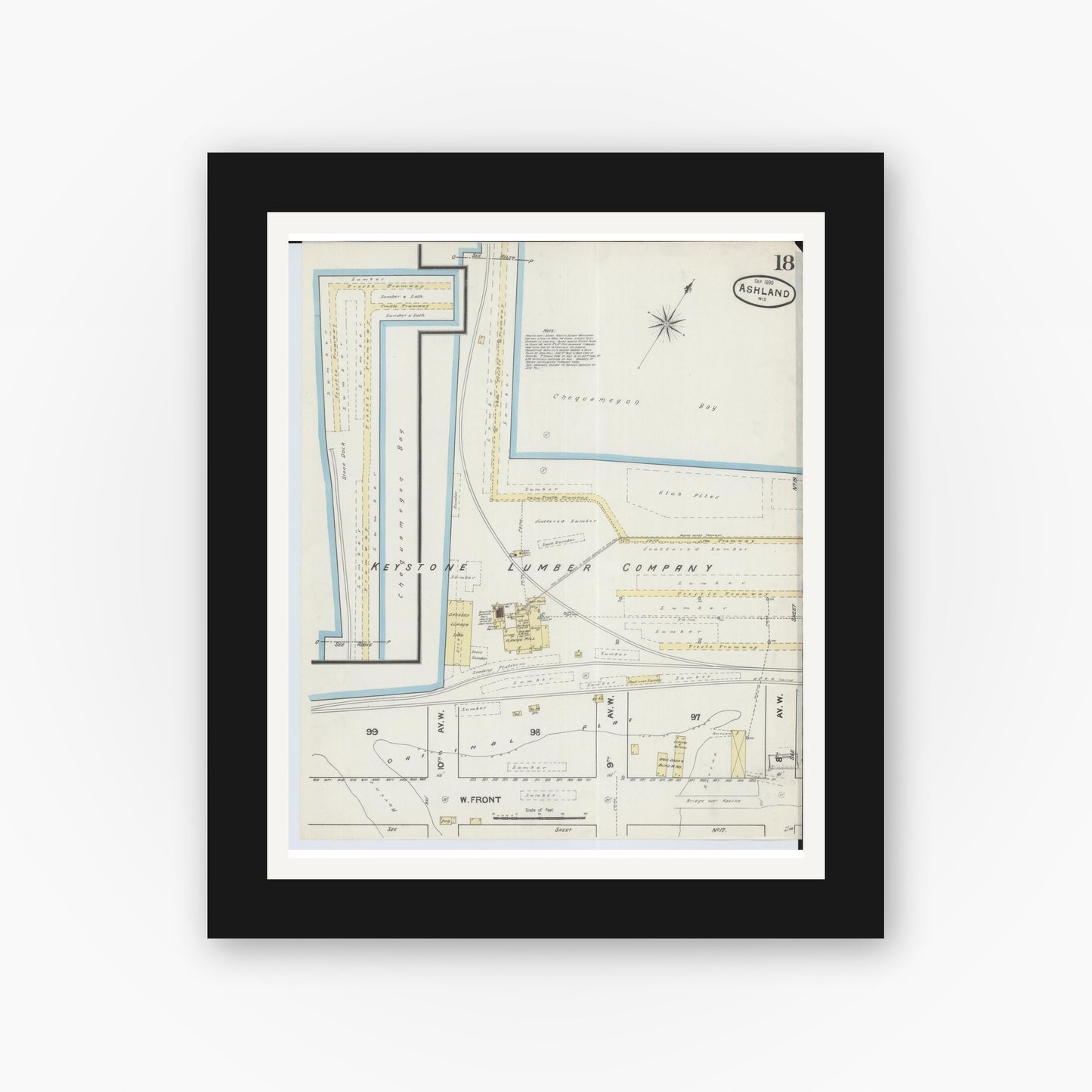 Old map wall art mockup — black gallery frame with white mat — Sanborn Fire Insurance Map from Ashland, Ashland County, Wisconsin (1890), Sheet #0018