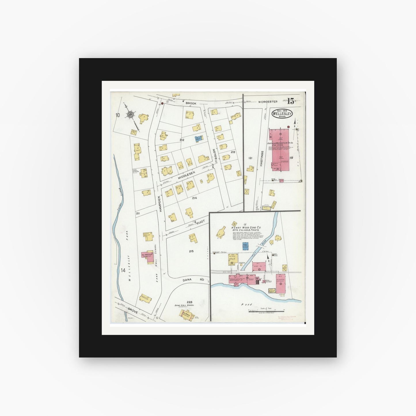 Old map wall art mockup — black gallery frame with white mat — Sanborn Fire Insurance Map from Wellesley, Norfolk County, Massachusetts (1919), Sheet #0015