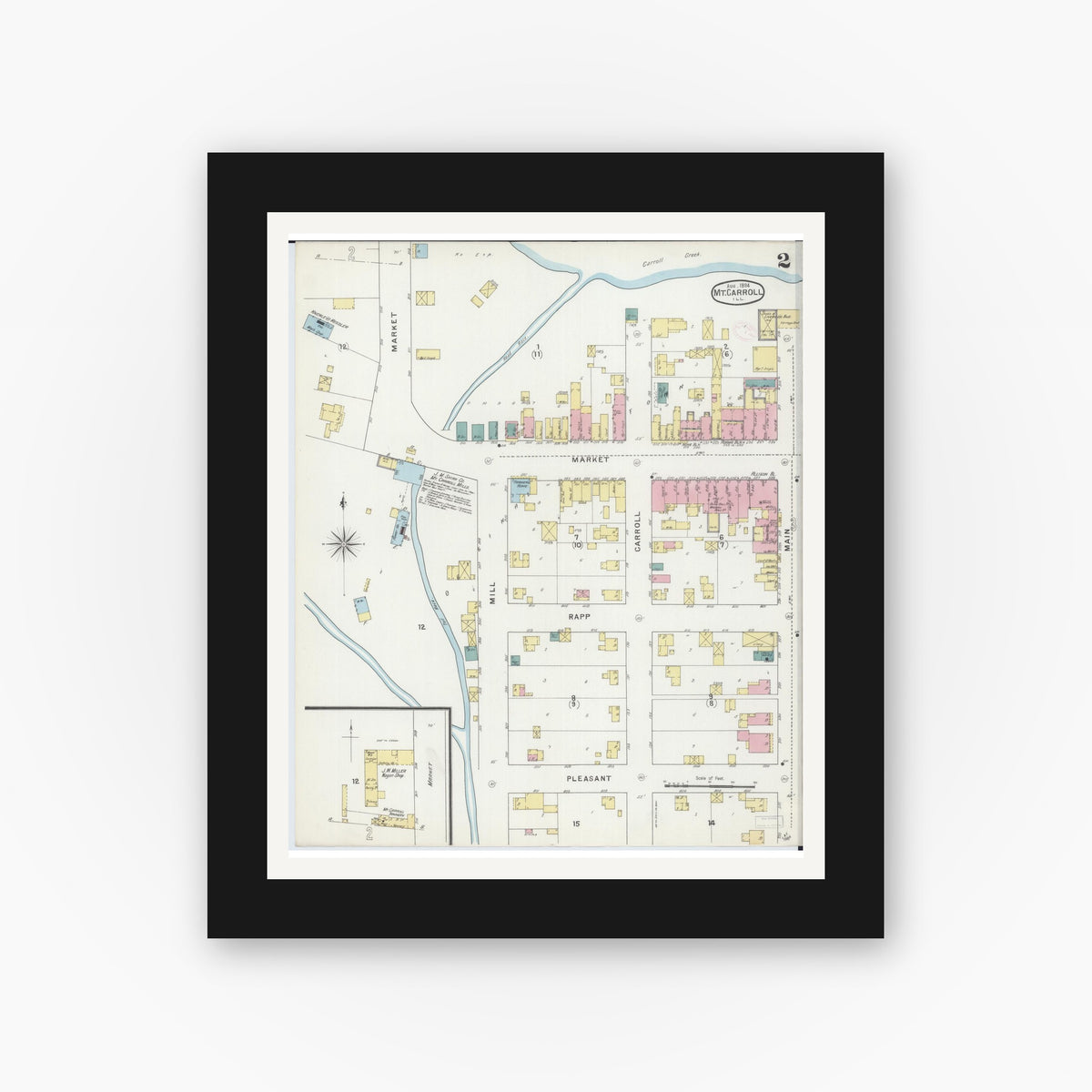 Old map wall art mockup — black gallery frame with white mat — Sanborn Fire Insurance Map from Mount Carroll, Carroll County, Illinois (1894), Sheet #0002