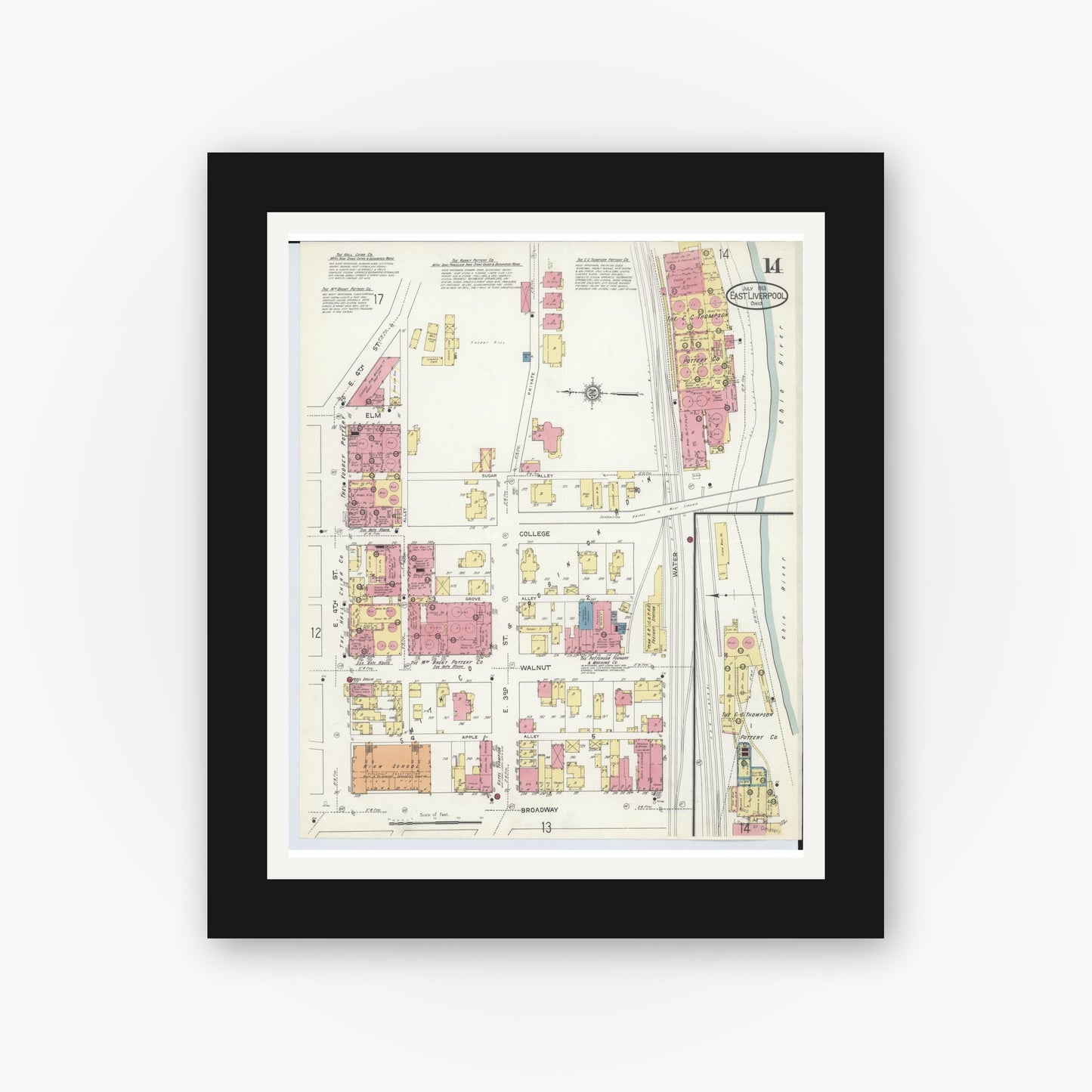 Old map wall art mockup — black gallery frame with white mat — Sanborn Fire Insurance Map from East Liverpool, Columbiana County, Ohio (1913), Sheet #0014