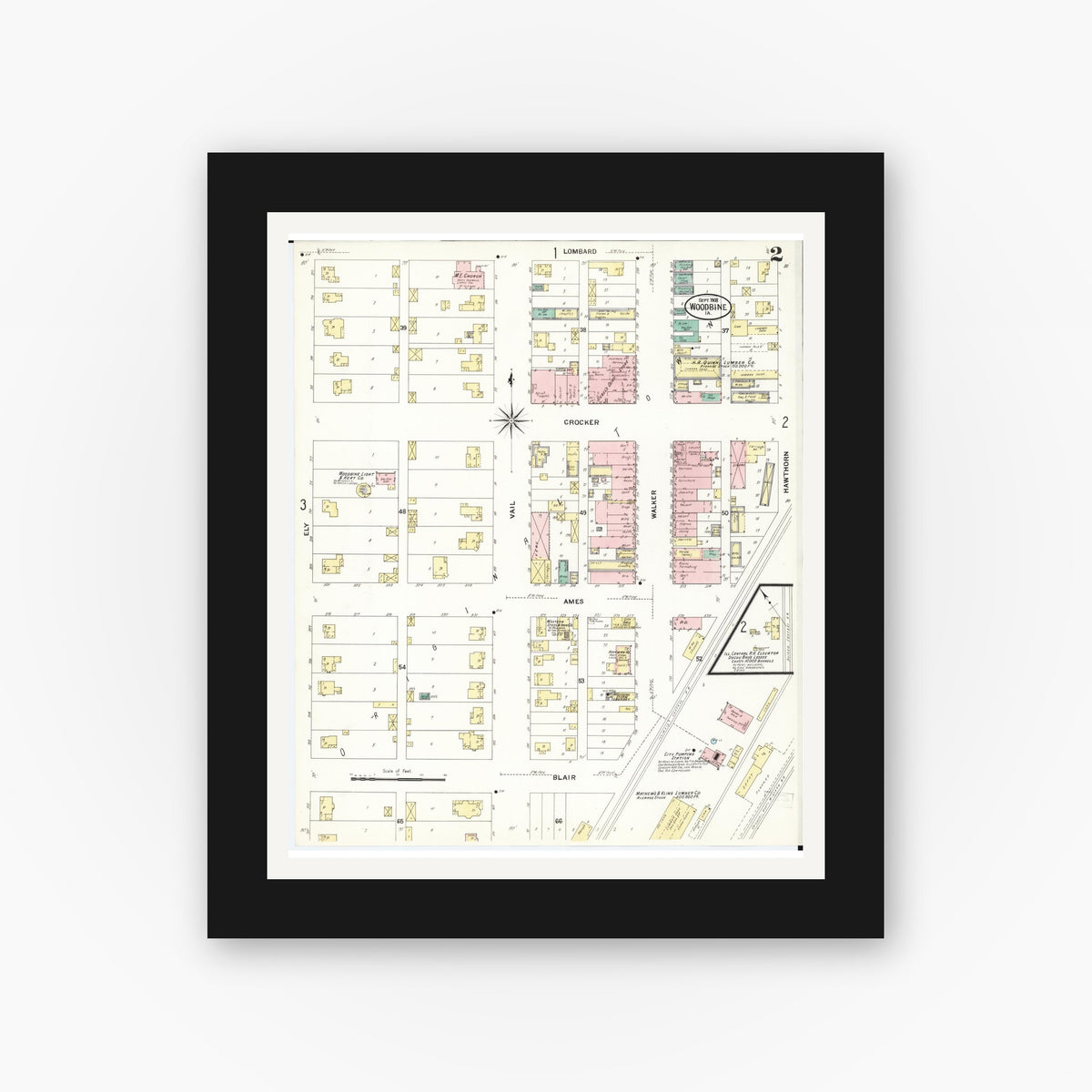 Old map wall art mockup — black gallery frame with white mat — Sanborn Fire Insurance Map from Woodbine, Harrison County, Iowa (1908), Sheet #0002