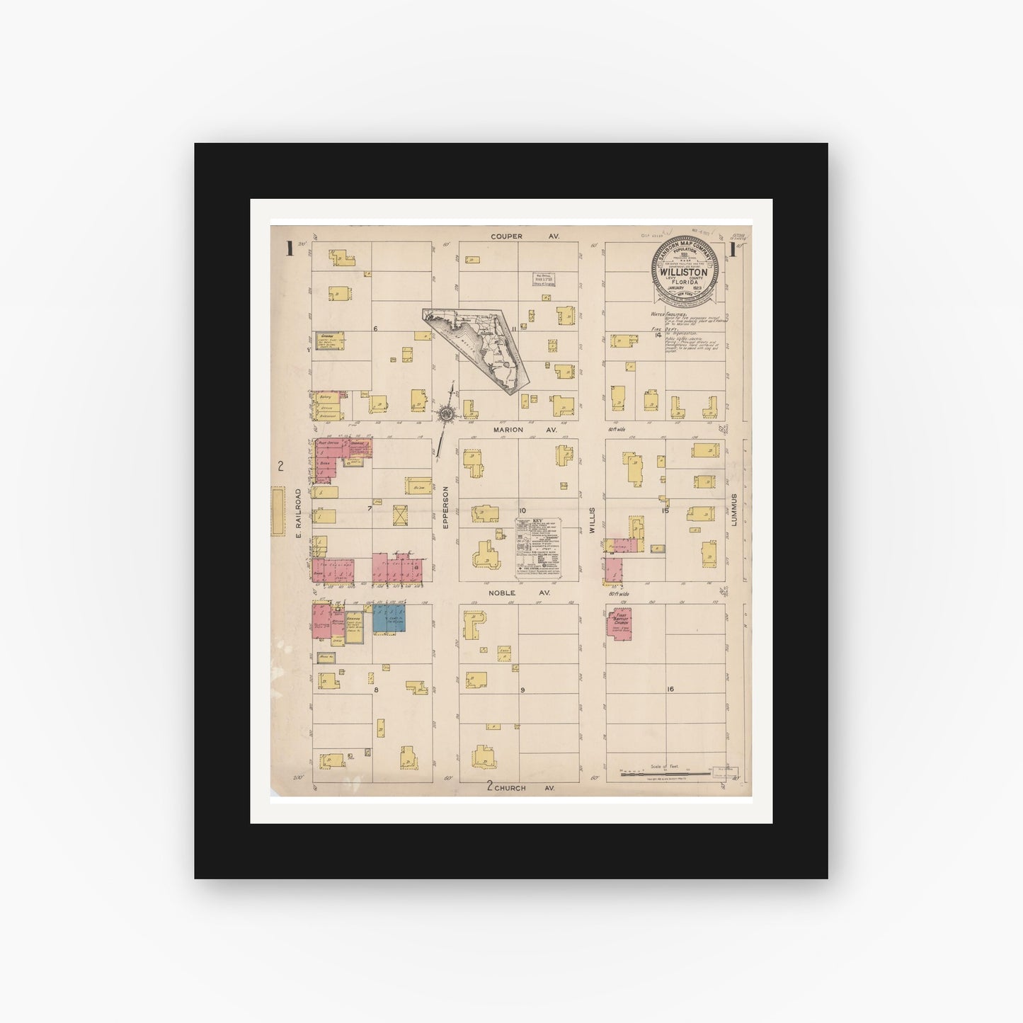 Old map wall art mockup — black gallery frame with white mat — Sanborn Fire Insurance Map from Williston, Levy County, Florida (1923) - Complete Map Set