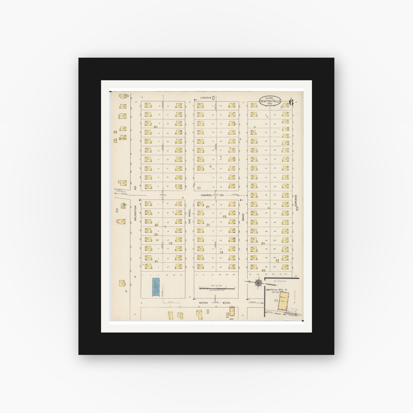 Old map wall art mockup — black gallery frame with white mat — Sanborn Fire Insurance Map from Newton Falls, Trumbull County, Ohio (1922), Sheet #0006
